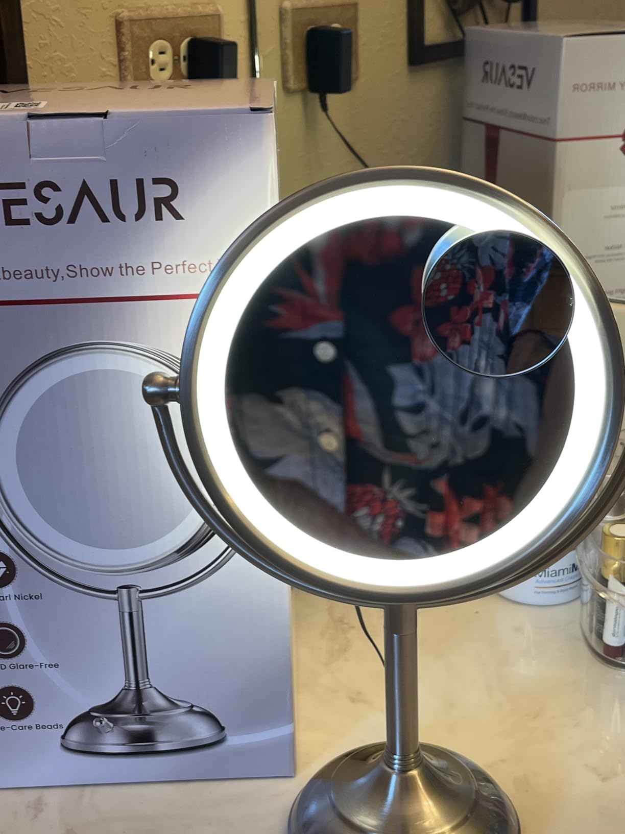 5000mAh Rechargeable Wall Mounted Lighted Makeup Vanity Mirror Double Sided 1X 30X Magnifying Bathroom Mirror, 3 Color Lighting, Touch Dimming, Extended Arm 360 Rotation, Antique Bronze customer photo 2