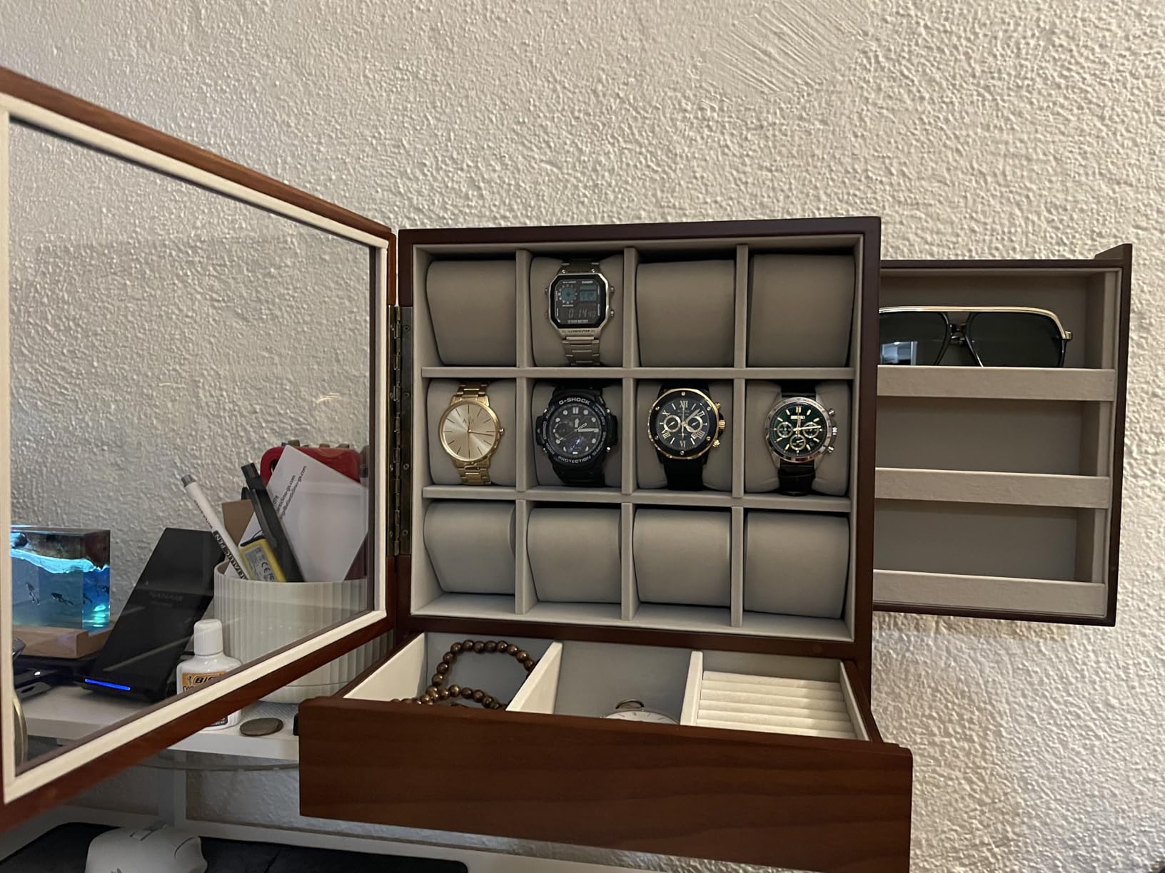 SONGMICS 12-Slot Watch Box, Watch Display Case with Window, Solid Wood Veneer, Velvet Lining, Vertical Storage, Space Saving, Coffee Brown UJOW014K01 customer photo 1