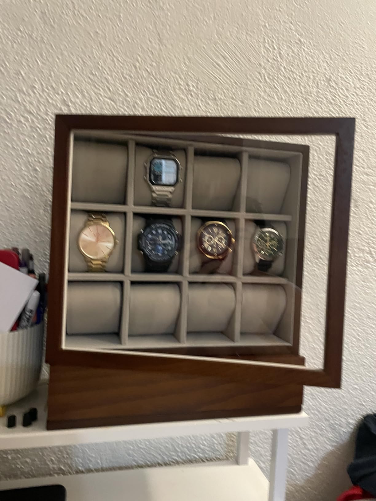 SONGMICS 12-Slot Watch Box, Watch Display Case with Window, Solid Wood Veneer, Velvet Lining, Vertical Storage, Space Saving, Coffee Brown UJOW014K01 customer photo 2