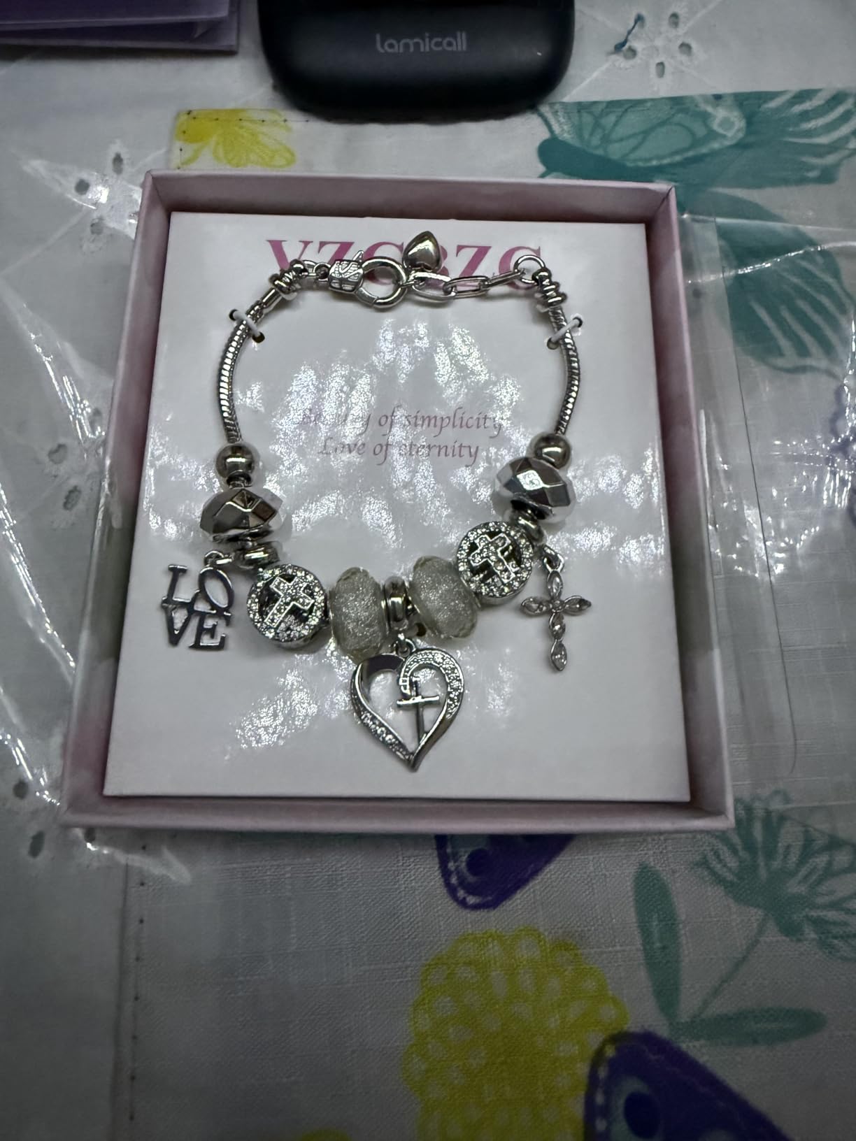 Charm Bracelet for Women, with Crystal and Heart Shape Glass Beads Sliver CZ Cross Snake Chain Bracelet, Trendy Charm Bracelet Jewelry Valentine's Day Gifts for Women customer photo 1