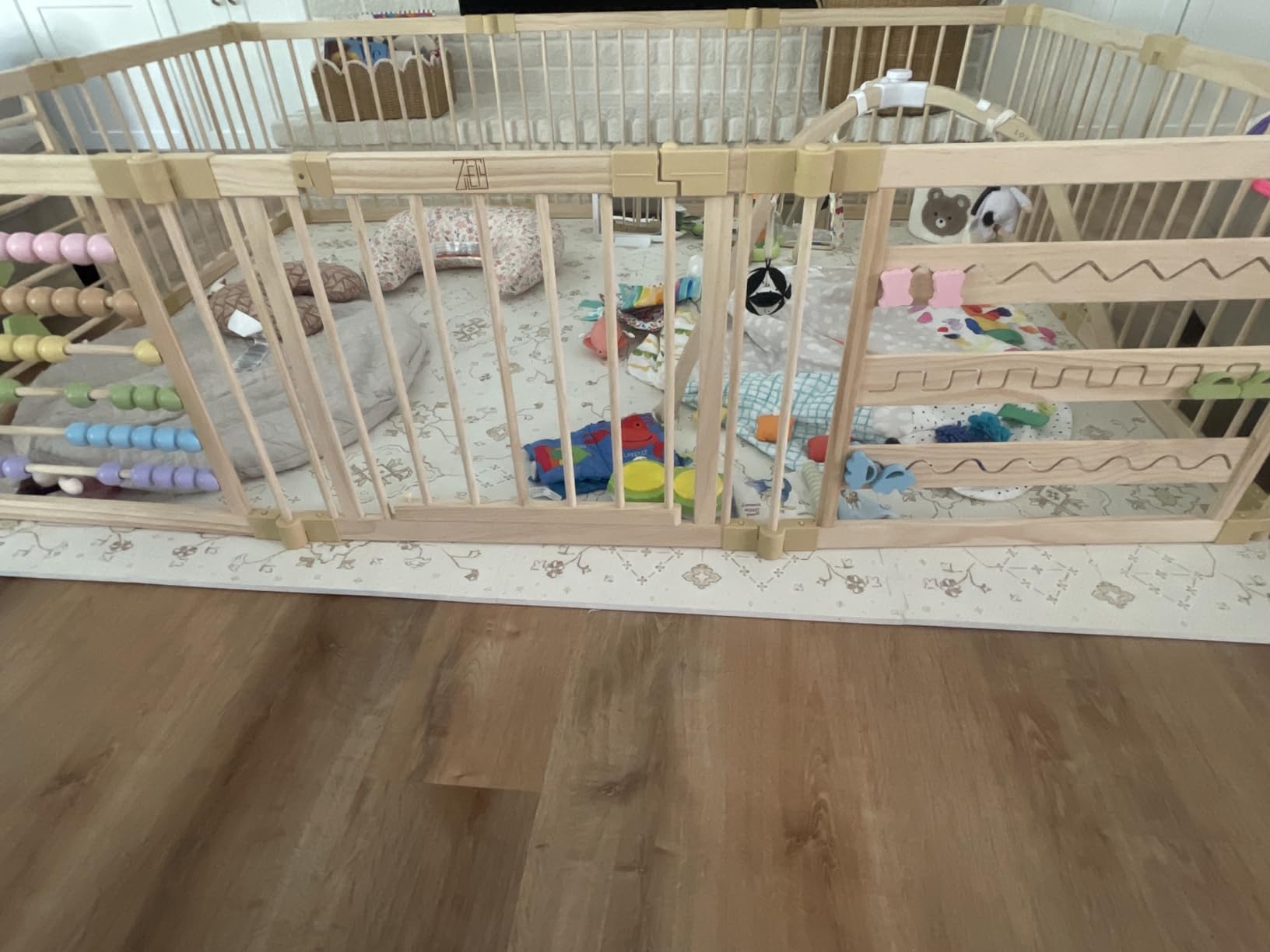 ZETY Natural Wood Baby Playpen, 8 Panel Foldable Play Yard, Door & Toys | Montessori style pine enclosure; compact 8 panel footprint; tool-free pop-button connectors; latching door customer photo 1