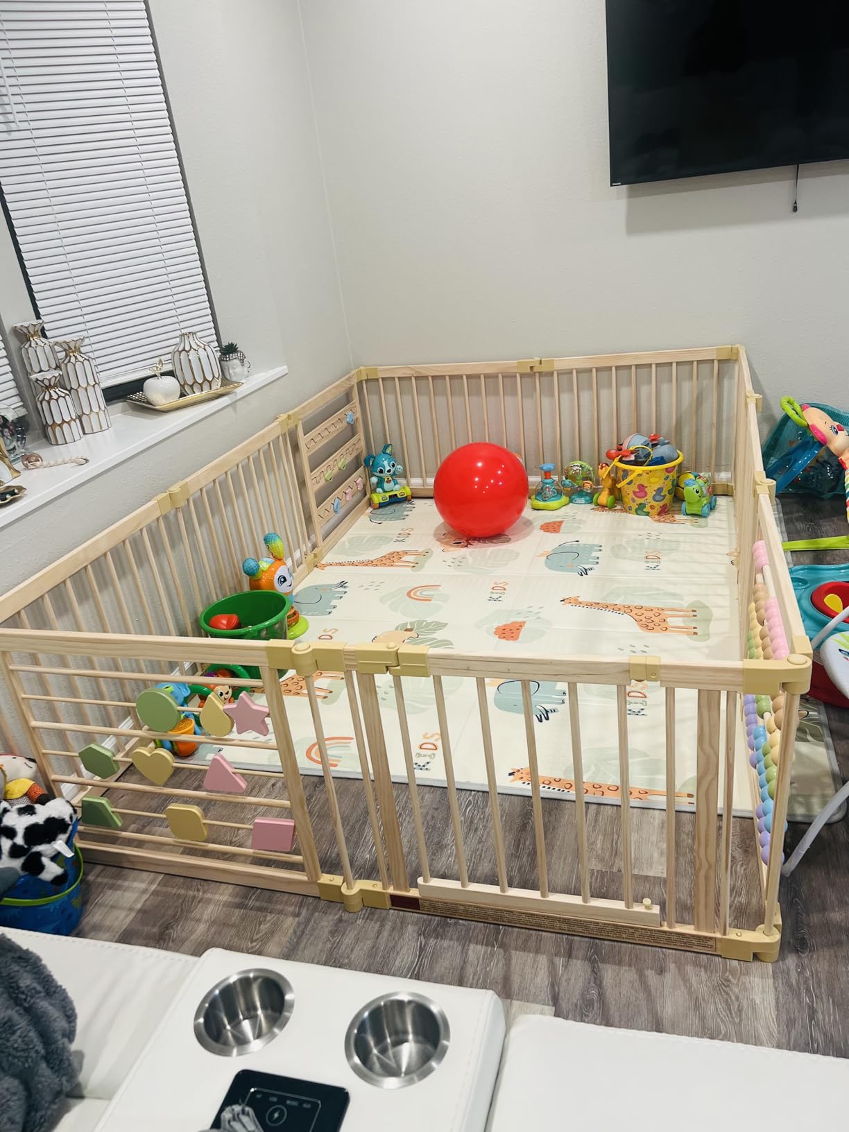 ZETY Natural Wood Baby Playpen, 8 Panel Foldable Play Yard, Door & Toys | Montessori style pine enclosure; compact 8 panel footprint; tool-free pop-button connectors; latching door customer photo 2