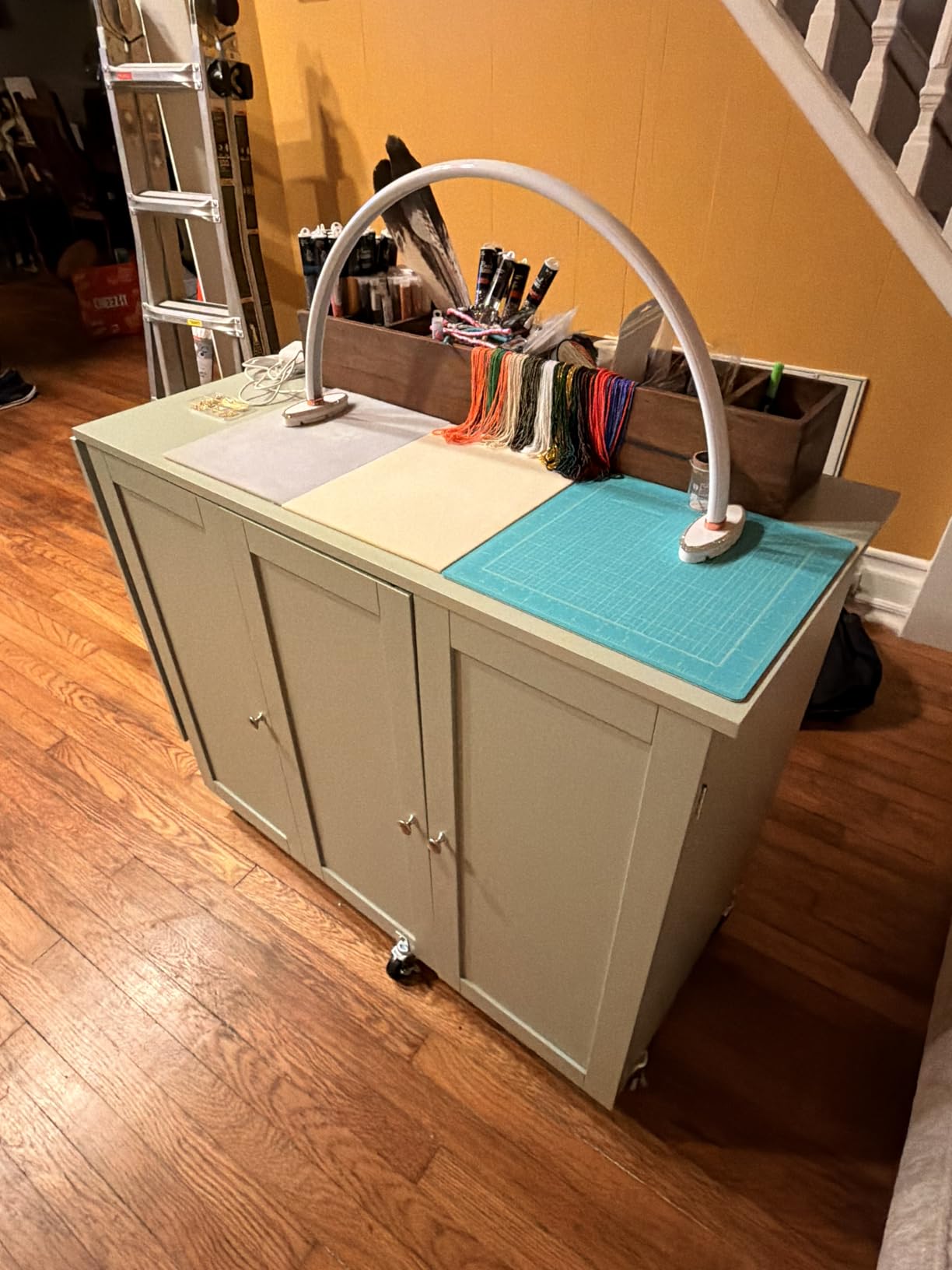 Best Choice Products Large Folding Sewing Table, Multipurpose Portable Craft Station & Side Desk w/Compact Design, Caster Wheels, Storage Shelves, 2 Storage Trays, Magnetic Doors - Natural/White customer photo 2