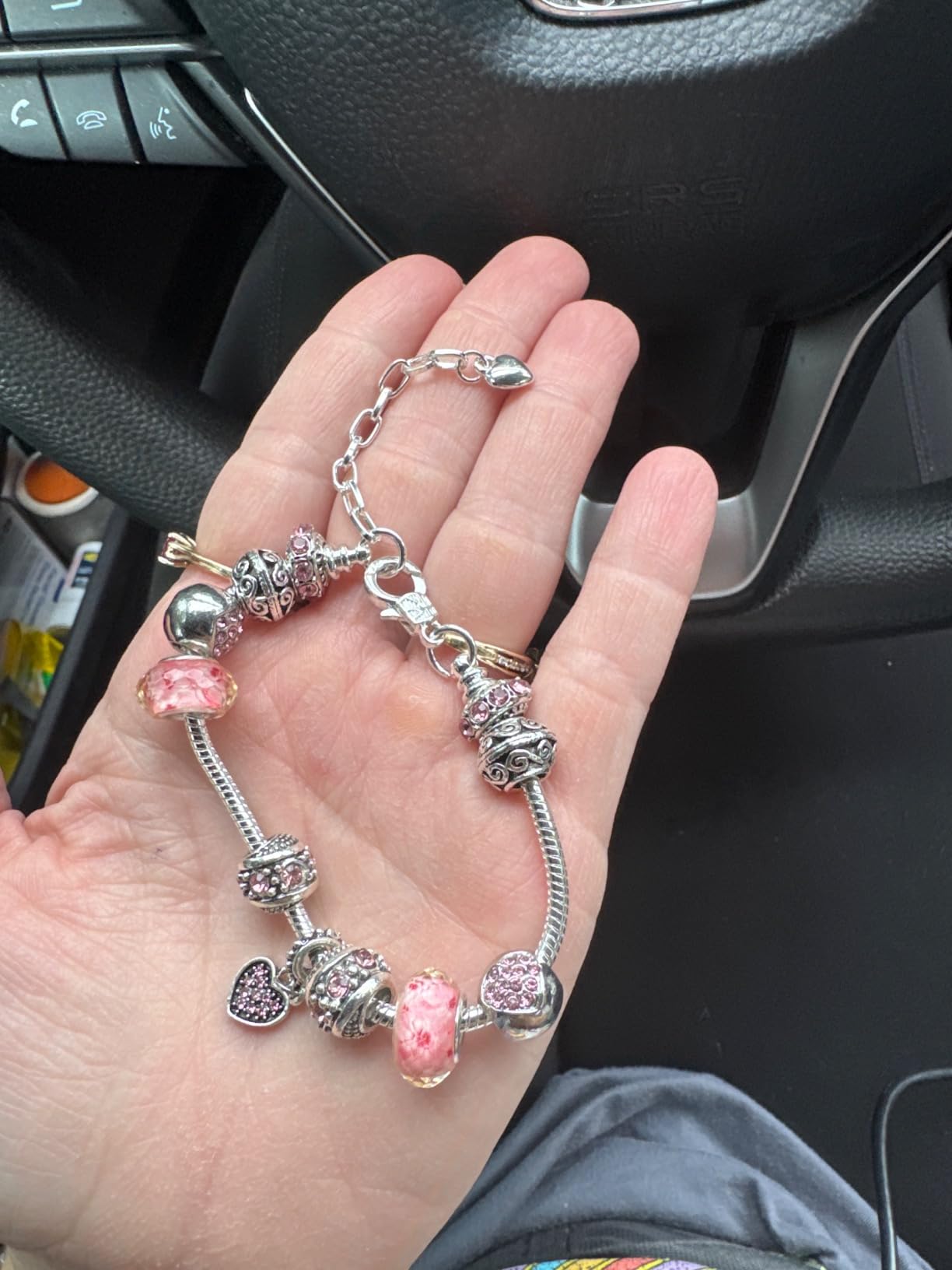 2 Pack Charm Bracelets Pink and Gold Heart Silver Plated Charm Bracelet, DIY Jewelry for Women Gifts, with Beads, Crystal, Charms, Love and Adjustable Snake Chain, Fits 7.5