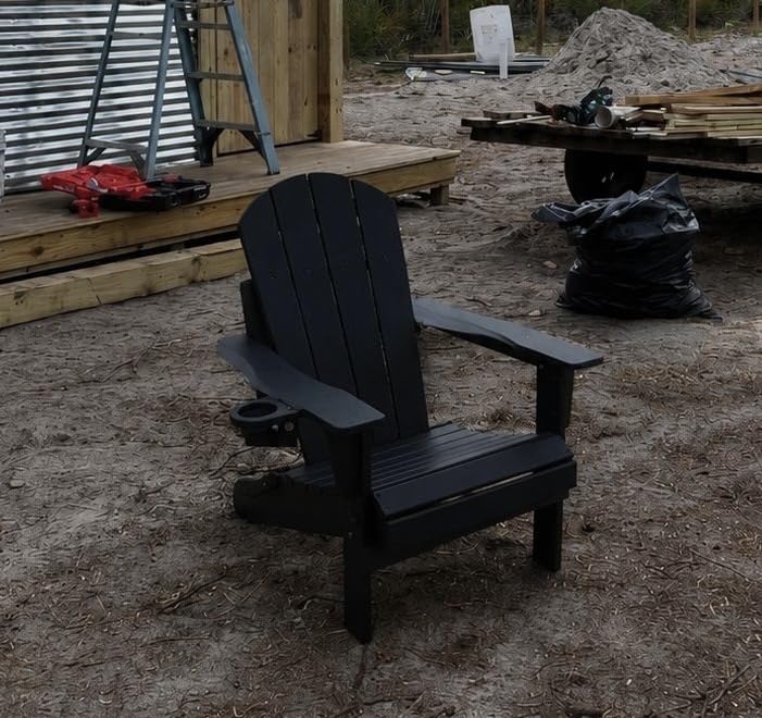 Folding Adirondack Chair Wood Texture, Patio Adirondack Chair Weather Resistant, Plastic Fire Pit Chair with Cup Holder, Lawn Chair for Outdoor Porch Garden Backyard Deck (Grey) customer photo 1