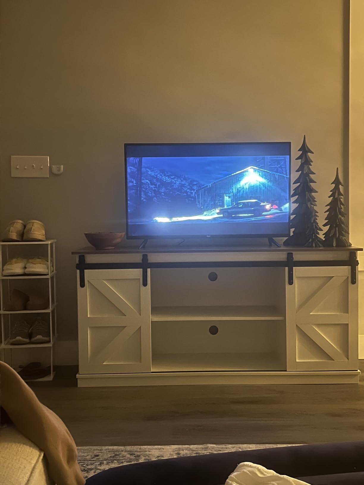 YESHOMY Farmhouse TV Stand for Televisions up to 65 Inches, Sliding Barn Doors and Storage Cabinets, Console Table and Media Furniture for Living Room, 58 Inch, White customer photo 2