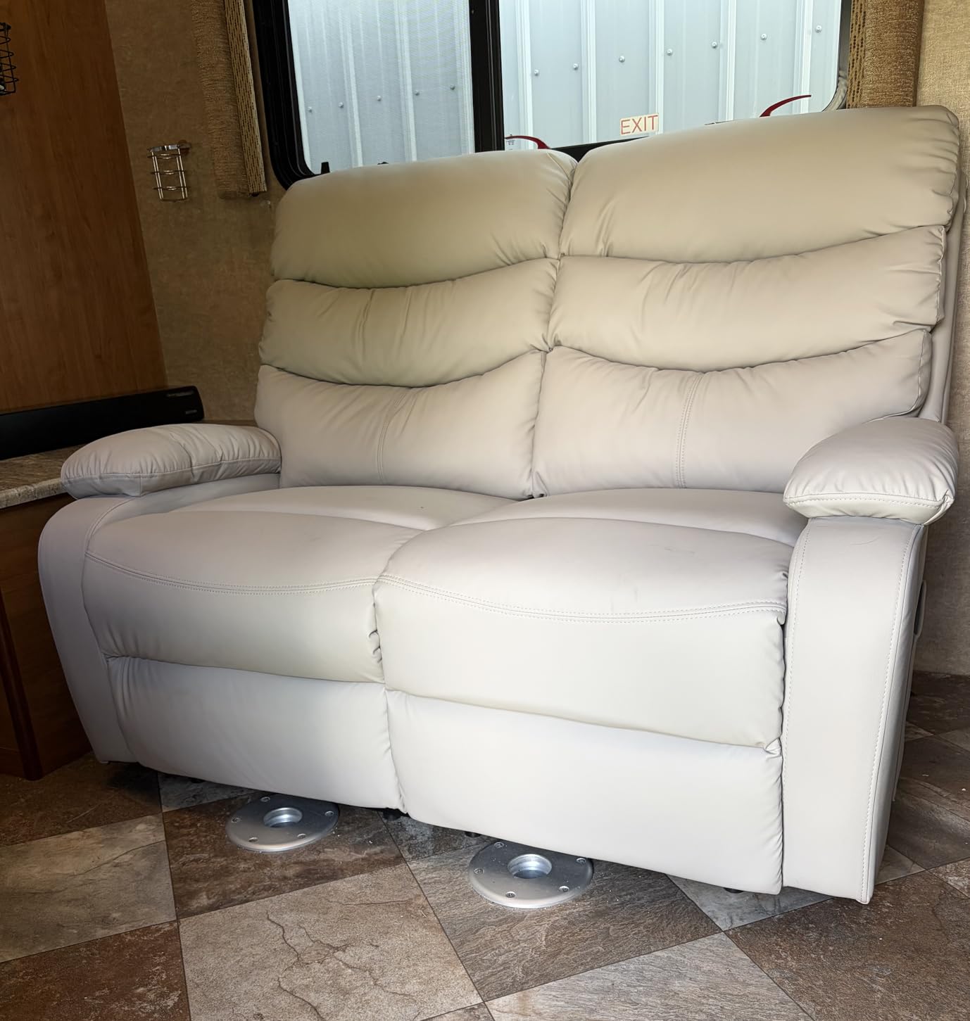Reclining Loveseat Sofa, Anti-Scratch Leather Manual Loveseat Recliner with Side Pocket, Wall Hugger Loveseat Recliner for Living Room, RV, Home Theater(Beige) customer photo 1
