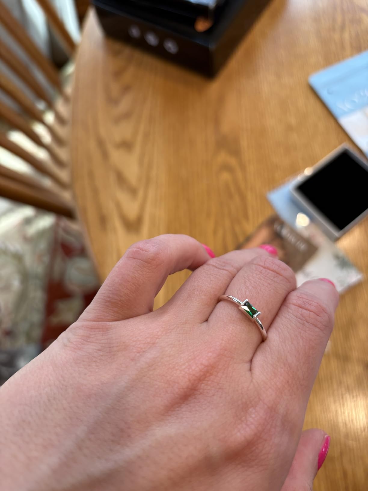 RLMOON Birthstone Rings for Women Non Tarnish Gold Stackable Rings Dainty 14K Gold/Silver Plated Baguette CZ Emerald Green Pinky Ring Personalized Jewelry Gift for Birthday Size 4-10 customer photo 2