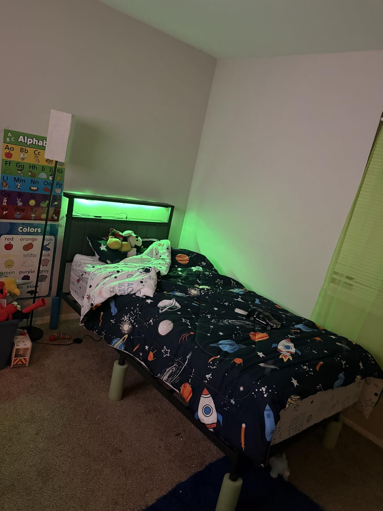 Furnulem Twin Size Bed Frame with Charging Station and LED Lights, Platform Bed with Metal Slats, Grey Upholstered Headboard with 2-Tier Storage Shelves, No Box Spring Needed customer photo 1