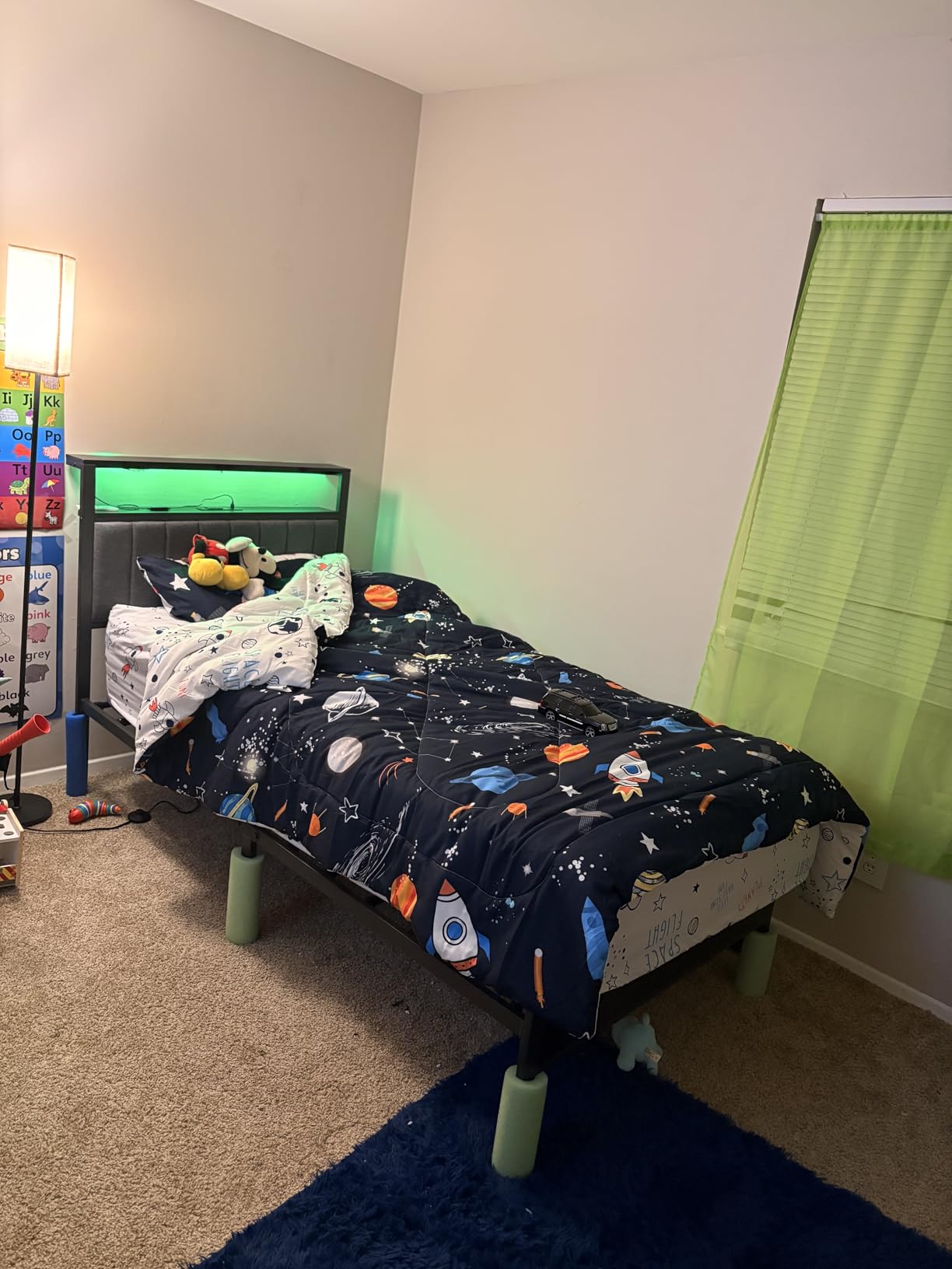 Furnulem Twin Size Bed Frame with Charging Station and LED Lights, Platform Bed with Metal Slats, Grey Upholstered Headboard with 2-Tier Storage Shelves, No Box Spring Needed customer photo 2