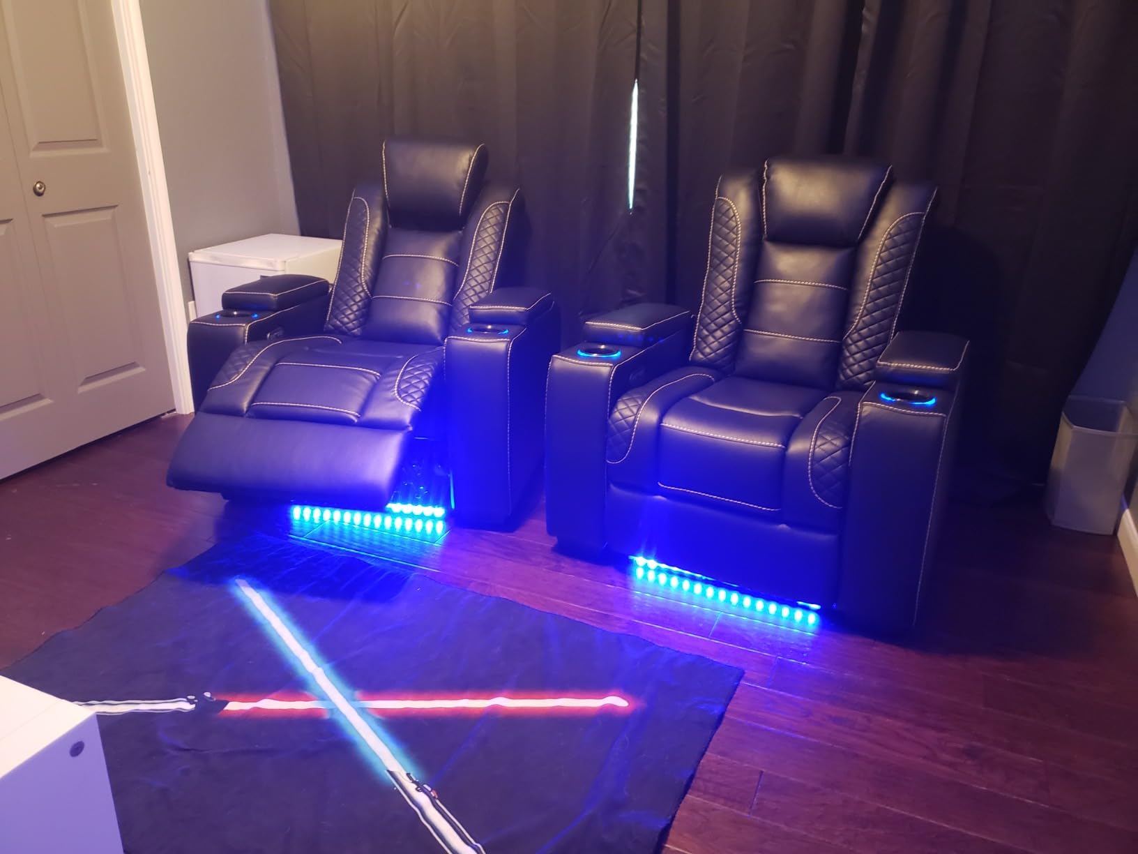 ANJ Power Home Theater Seating Set of 2, PU Leather Electric Recliner Chair with Adjustable Headrest, Movie Reclining Chairs with LED Lights, USB Port, Cup Holders, Hidden Arm Storage (Black) customer photo 2