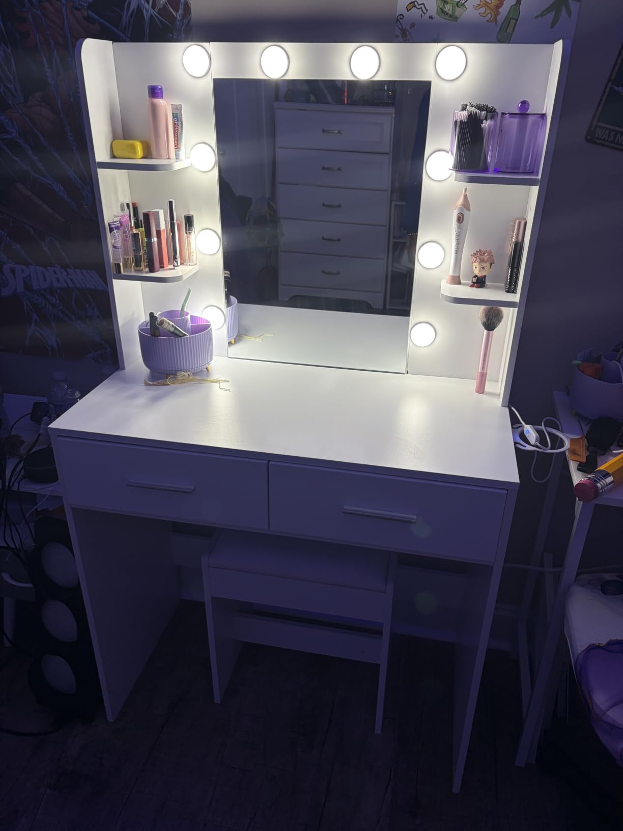 Furmax Make up Vanity Desk with Mirror and Power Outlet, Vanity with 3 Color Light Options Adjustable Brightness,Vanity Desk with 2 Drawers, 6 Storage Shelves (White, with Bench) customer photo 2