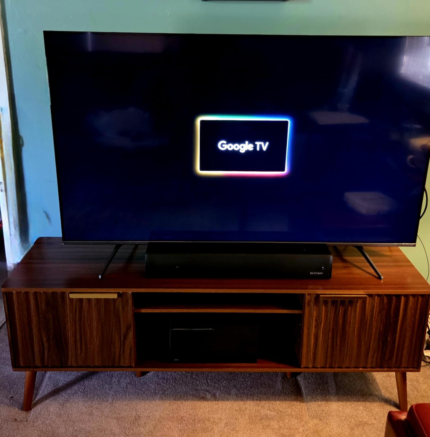 LCRBOL TV Stand for Living Room, Mid Century Modern Entertainment Center for 55/60 inch TVs, TV Console with Fluted Door Cabinets and Open Shelves, for Bedroom, Walnut customer photo 2