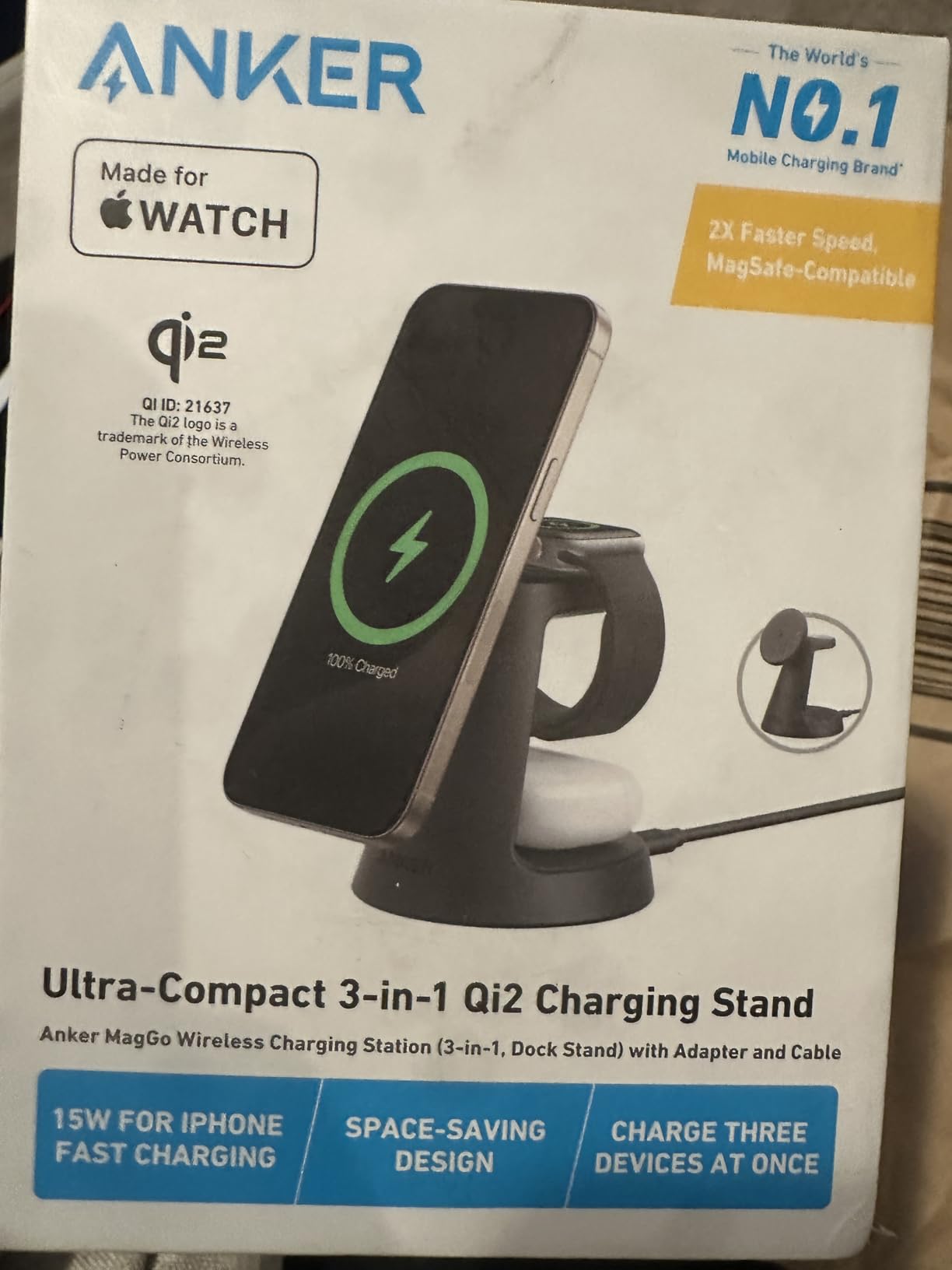 Anker MagSafe Charger Compatible, MagGo 3-in-1 Charging Station, Nano Charging Stand, Qi2 Certified 15W Magnetic Wireless Charger Dock, for iPhone 17/16/15/14, Apple Watch, AirPods (Adapter Included) customer photo 2