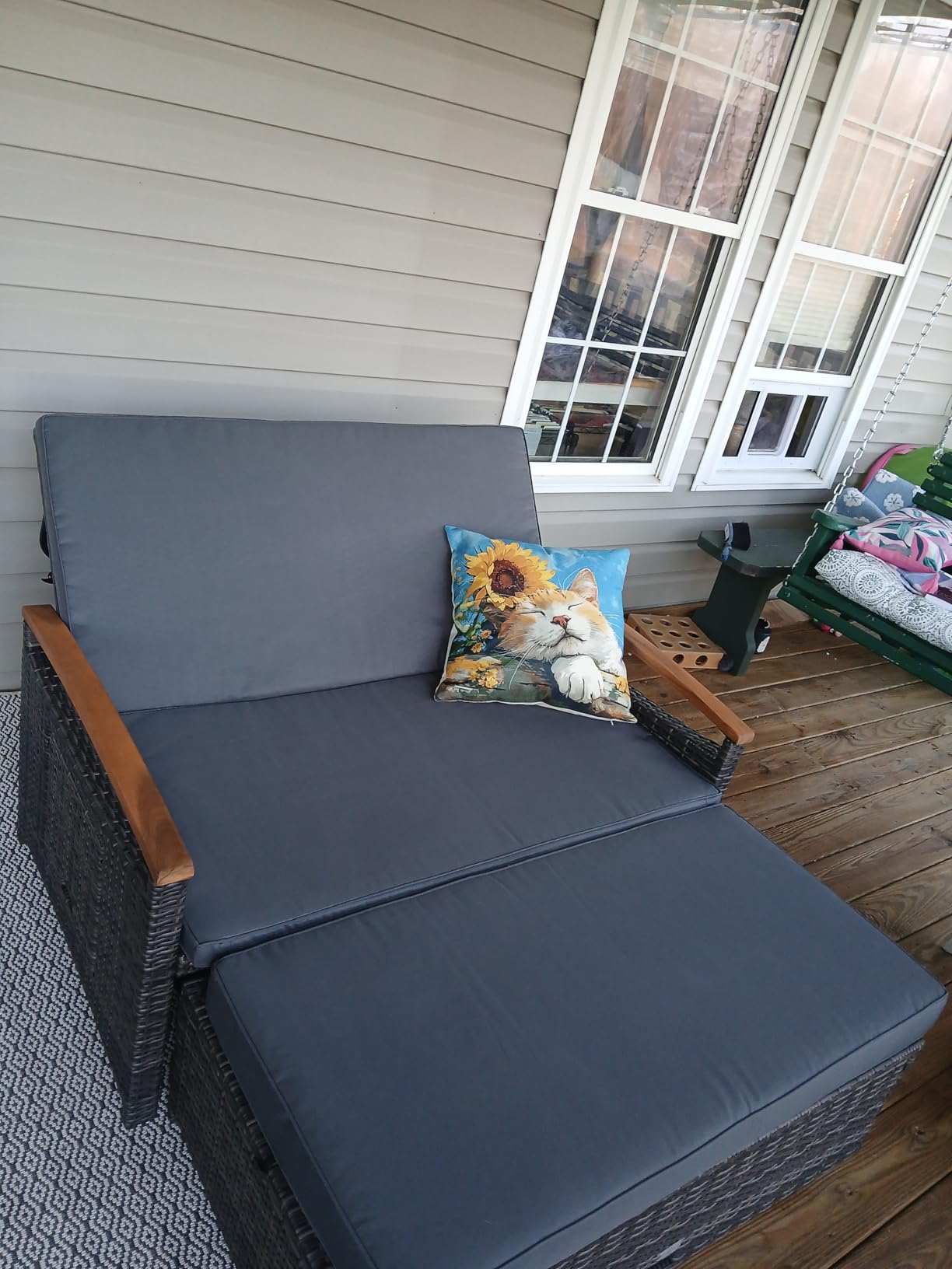 LDAILY Moccha Outdoor Wicker Daybed, Patio Rattan Loveseat Sofa w/ 4-Level Adjustable Backrest, Folding Panels, Storage Ottoman & Cushions, Lounge Furniture Set for Poolside Backyard Porch (Grey) customer photo 1