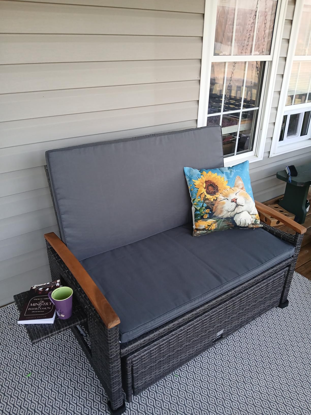LDAILY Moccha Outdoor Wicker Daybed, Patio Rattan Loveseat Sofa w/ 4-Level Adjustable Backrest, Folding Panels, Storage Ottoman & Cushions, Lounge Furniture Set for Poolside Backyard Porch (Grey) customer photo 2