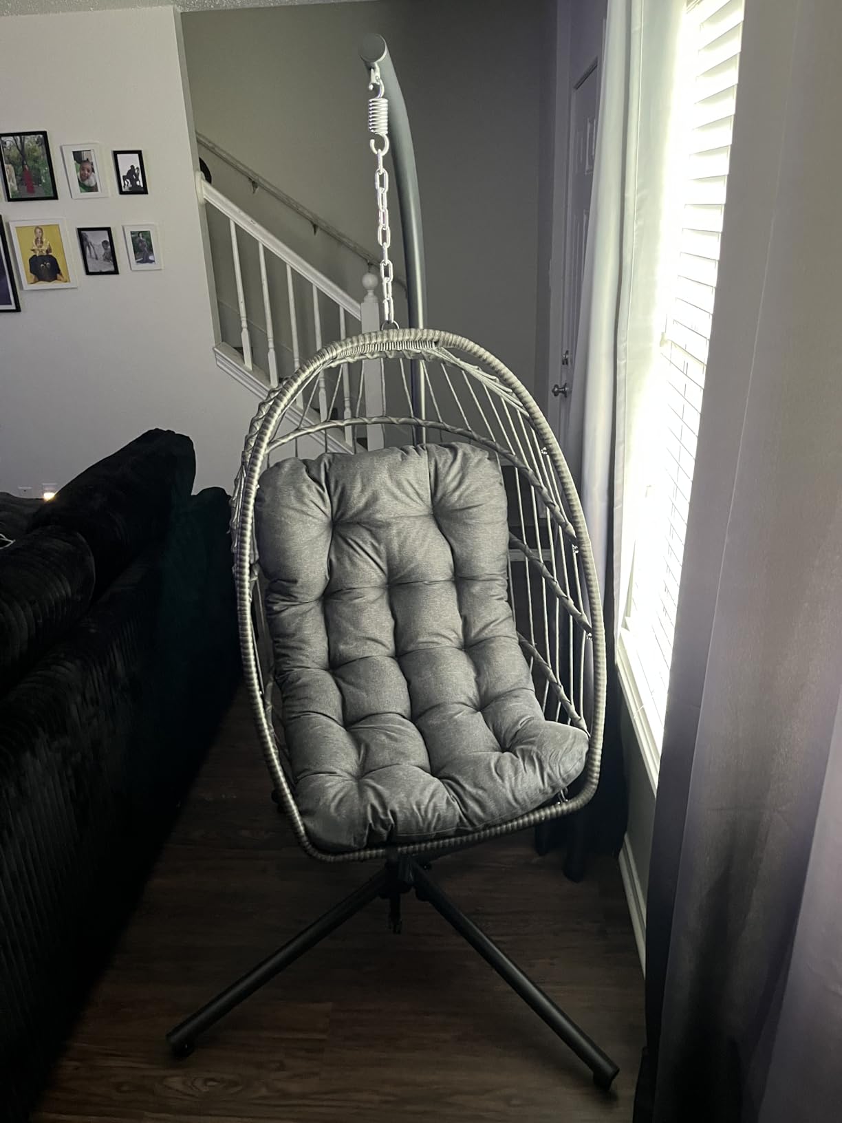 SWITTE Egg Chair Outdoor with Stand, Indoor Wicker Hanging Egg Swing Chair with Cushion, 350lbs Capacity for Patio, Bedroom, Garden - Dark Grey customer photo 1