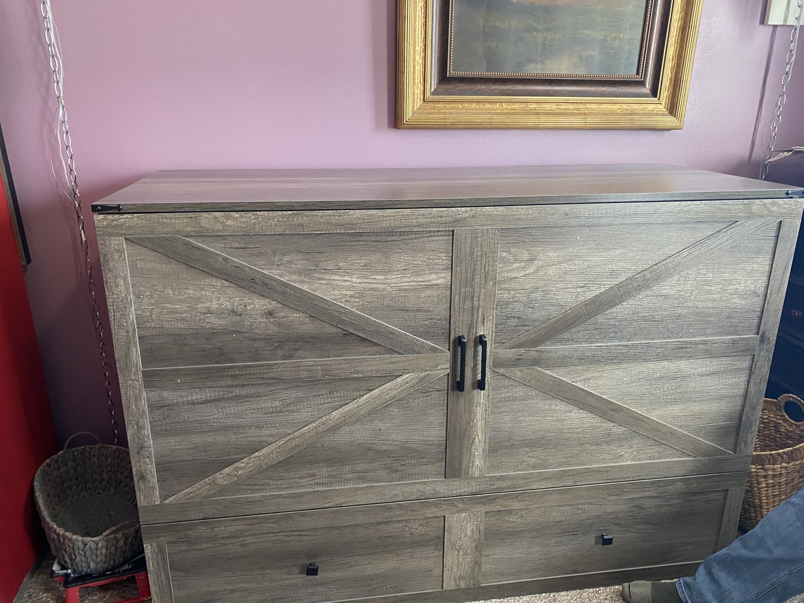 AMERLIFE Queen Murphy Bed with Storage & Charging Station, Farmhouse Murphy Cabinet with Foldable Panel, Noisy Free, for Living Room, Guest Bedroom, Office, Rustic Grey customer photo 1