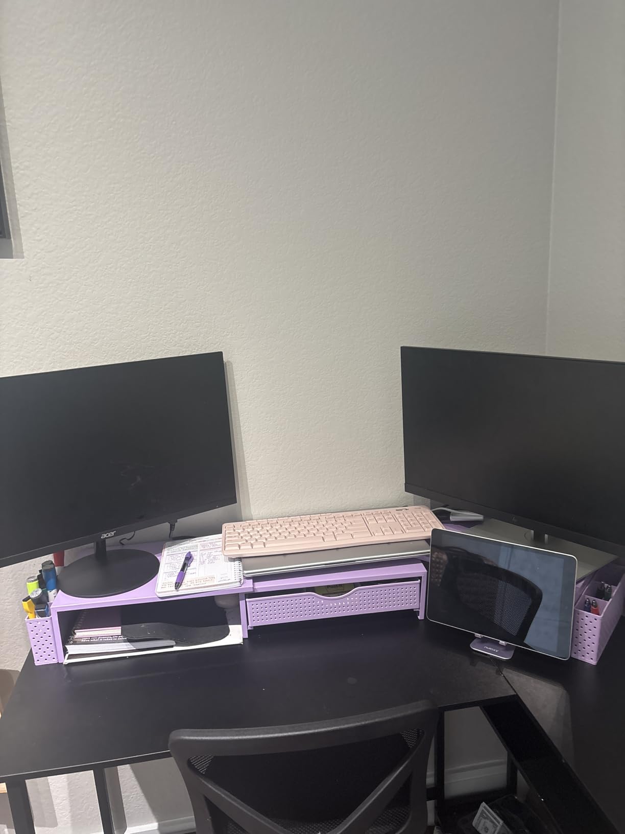 gianotter Dual Monitor Stand Riser, Desk Organizer With Drawer and 2 Pen Holders, Computer Monitor Stand, Desk Shelf for Top of Desk (Black) customer photo 2