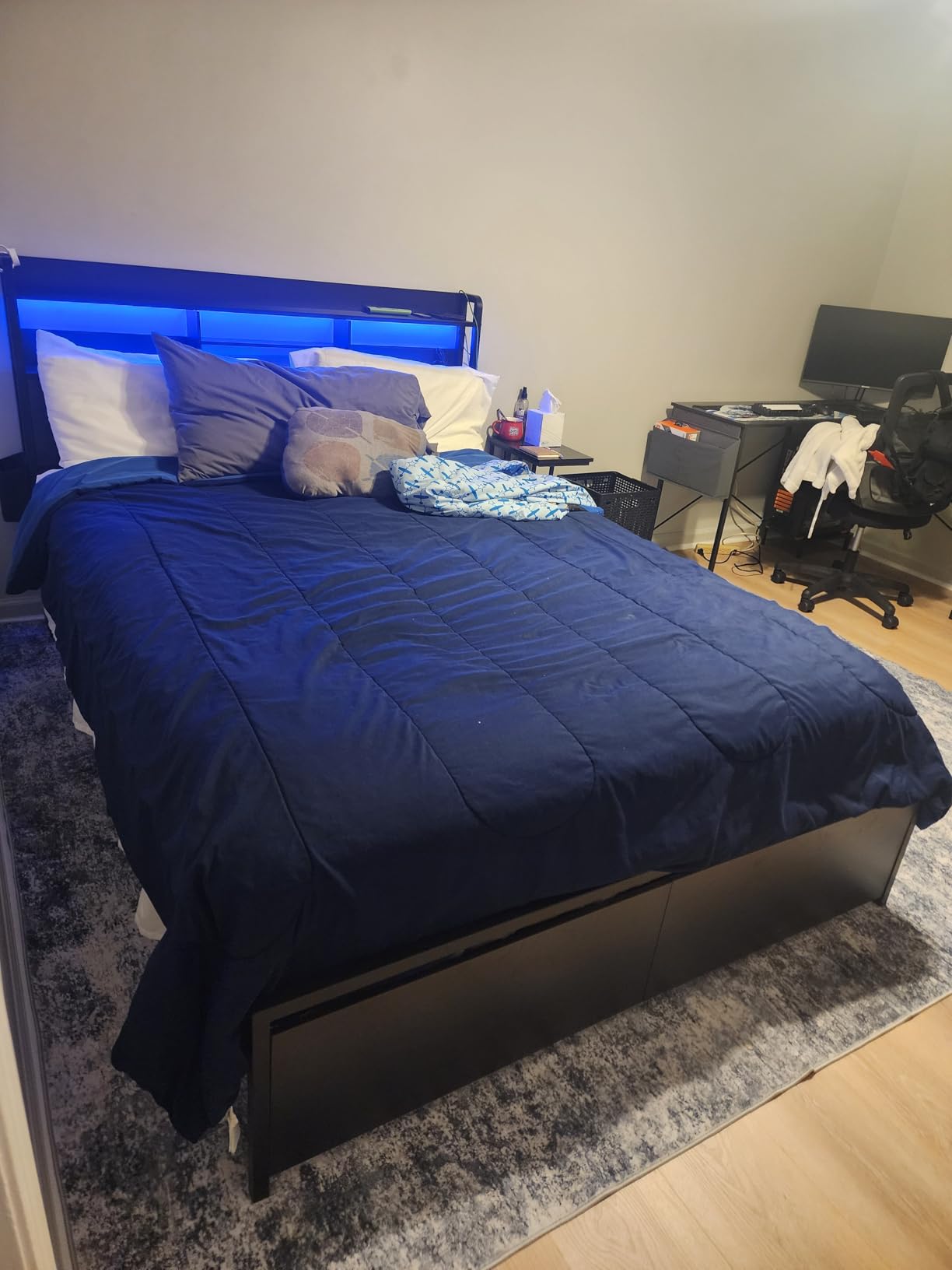 Furnulem Full Size Bed Frame with Wood Headboard, Metal Platform Bed Frame Full Size with 2 Storage Drawers and Shelf, LED Lights and Charging Station, No Box Spring Needed, Noise Free, Black customer photo 1