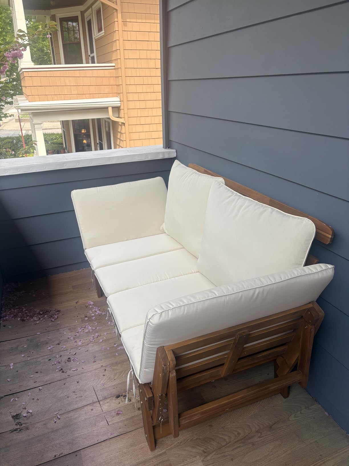 Devoko Outdoor Couch Acacia Wood Patio Couch with Adjustable Armrests, Outdoor Convertible Sofa with Removable Cushions & Pillows for Patio, Porch, Poolside (White) customer photo 1
