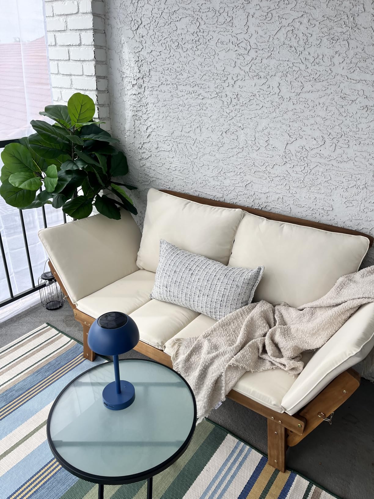 Devoko Outdoor Couch Acacia Wood Patio Couch with Adjustable Armrests, Outdoor Convertible Sofa with Removable Cushions & Pillows for Patio, Porch, Poolside (White) customer photo 2