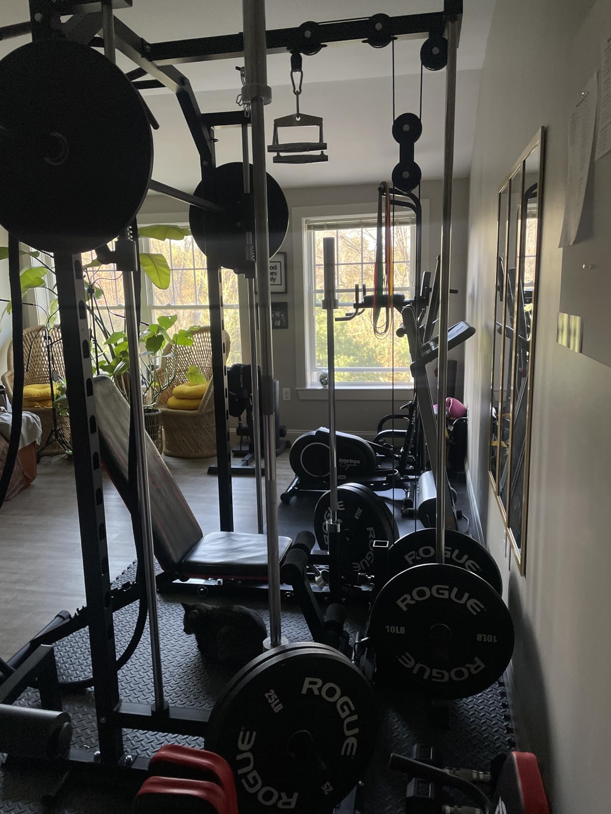 Mikolo Smith Machine Home Gym Power Cage (1:1 Ratio Strength Trainer) (Space Saving Design) (with 8 Free Attachments) Squat Rack for Full Body Training customer photo 2