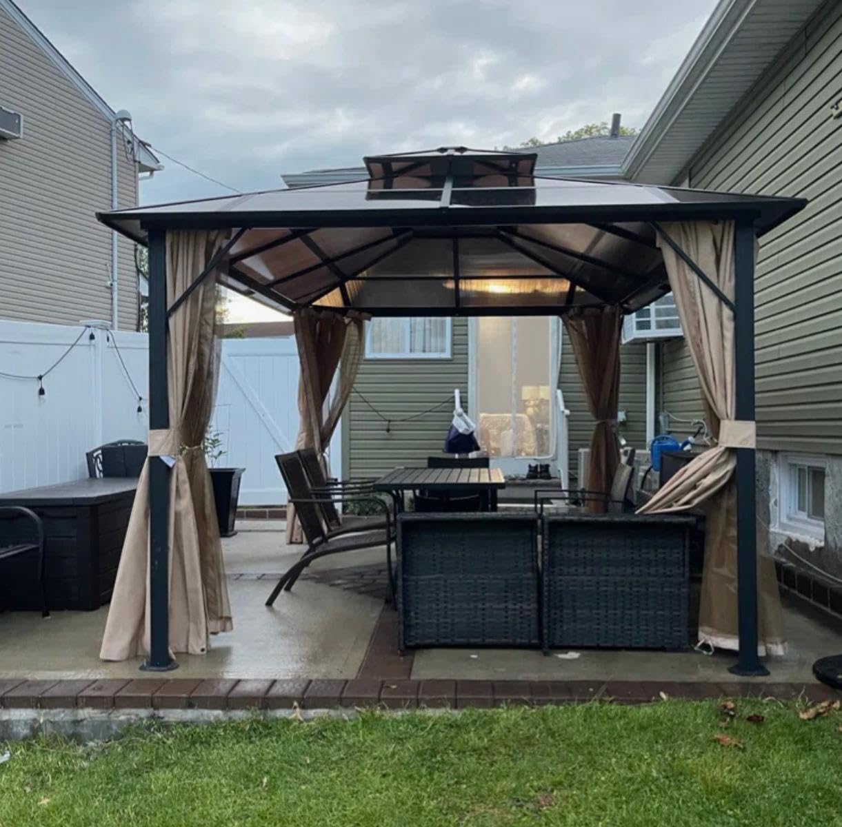 Aoxun 12'x10' Hardtop Gazebo, Metal Frame Permanent Pavilion with Curtains and Netting, Outdoor Polycarbonate Double Roof Canopy, Designed for Garden, Lawns, Patio, Brown customer photo 1