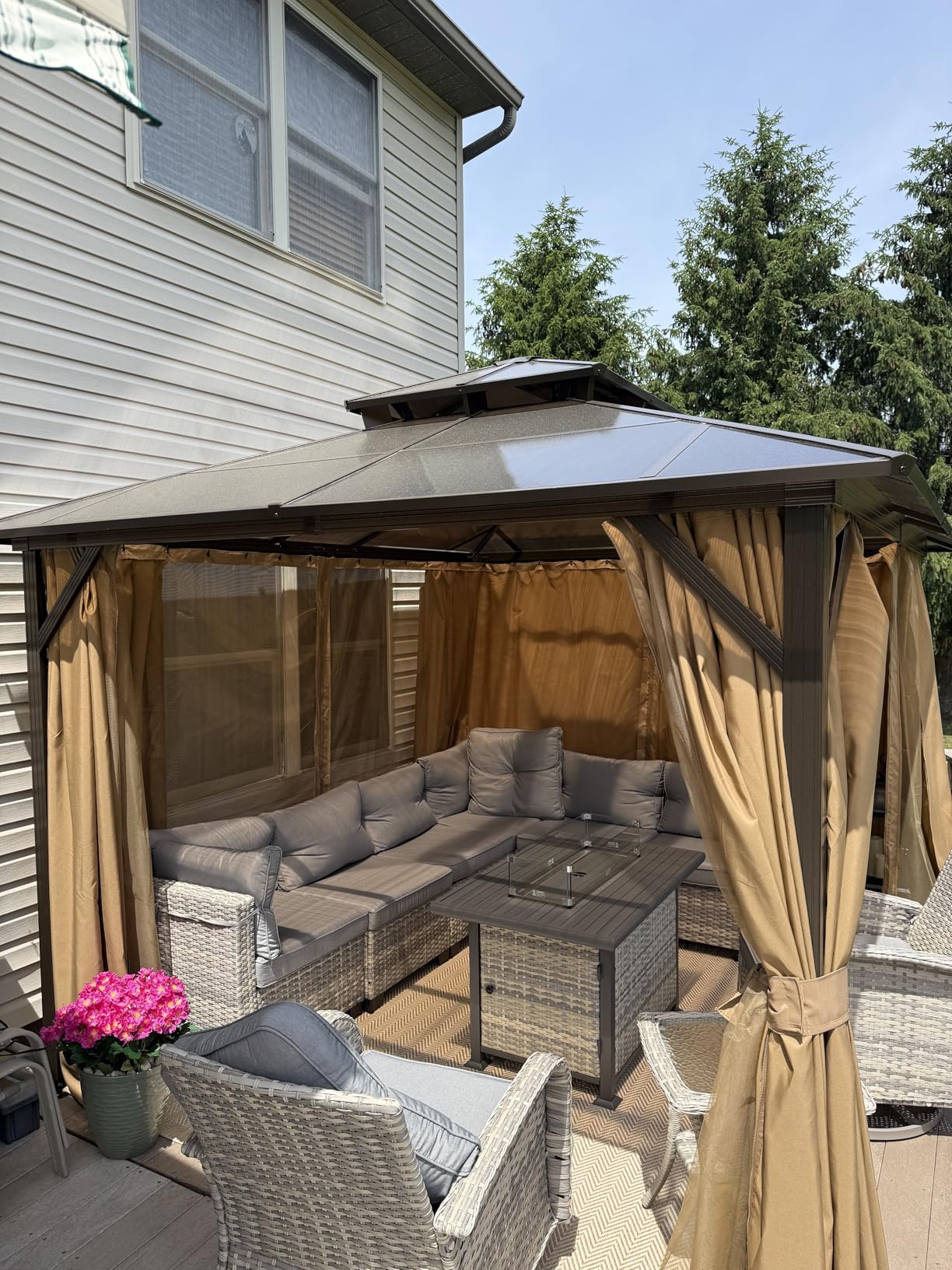 Aoxun 12'x10' Hardtop Gazebo, Metal Frame Permanent Pavilion with Curtains and Netting, Outdoor Polycarbonate Double Roof Canopy, Designed for Garden, Lawns, Patio, Brown customer photo 2