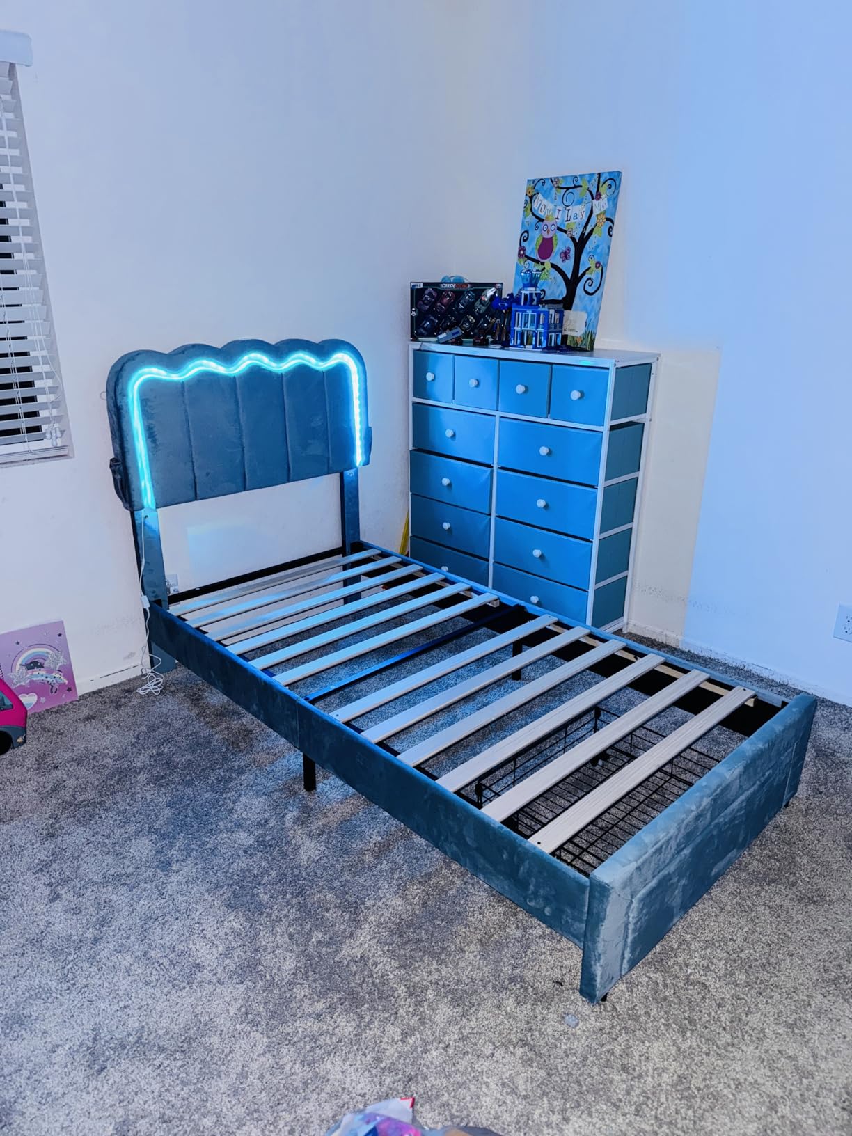 Twin Upholstered LED Bed Frame with Storage Drawer and Adjustable Chic Double Wavy Headboard, Velvet Princess Platform Bed for Girls/Kids, Solid Wood Slats Support, No Box Spring Needed, Pink customer photo 1