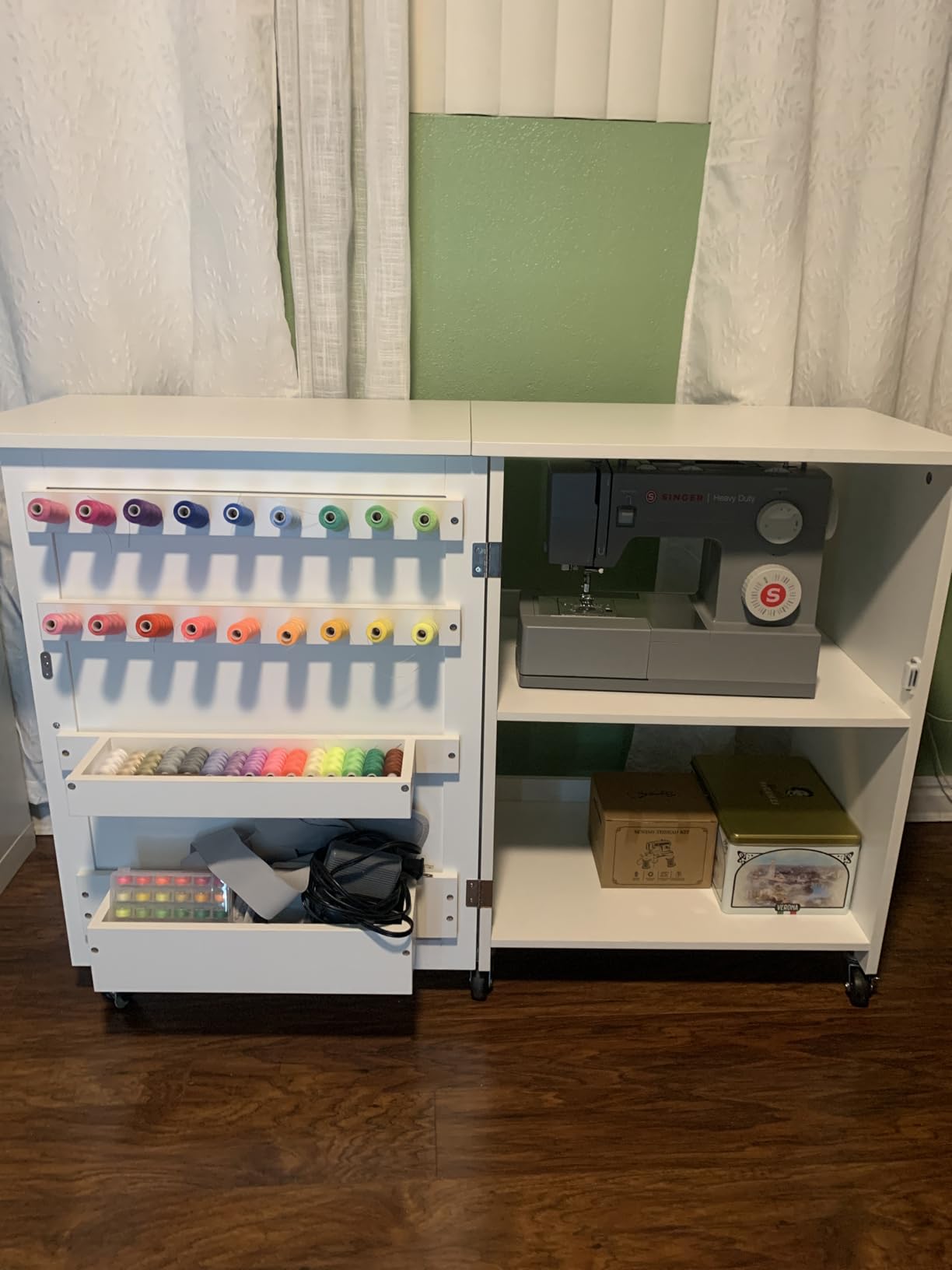 VEVOR Folding Sewing Table, Multipurpose Sewing Machine Table with Compact Design, Wheels, Shelves, Storage Trays, Wooden Pegs, and Magnetic Doors, Sewing Desk Cabinet for Sewing Machine, White customer photo 2