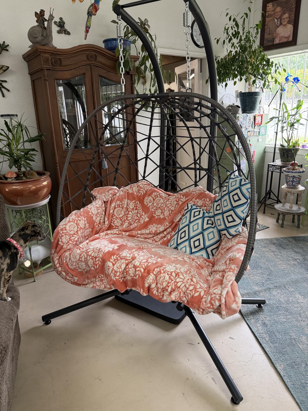 SWITTE Double Egg Swing Chair with Stand, Outdoor Patio 2 Person Hanging Wicker Hammock Chairs with Cushion for Indoor Bedroom, Lawn, Garden-Dark Grey customer photo 2