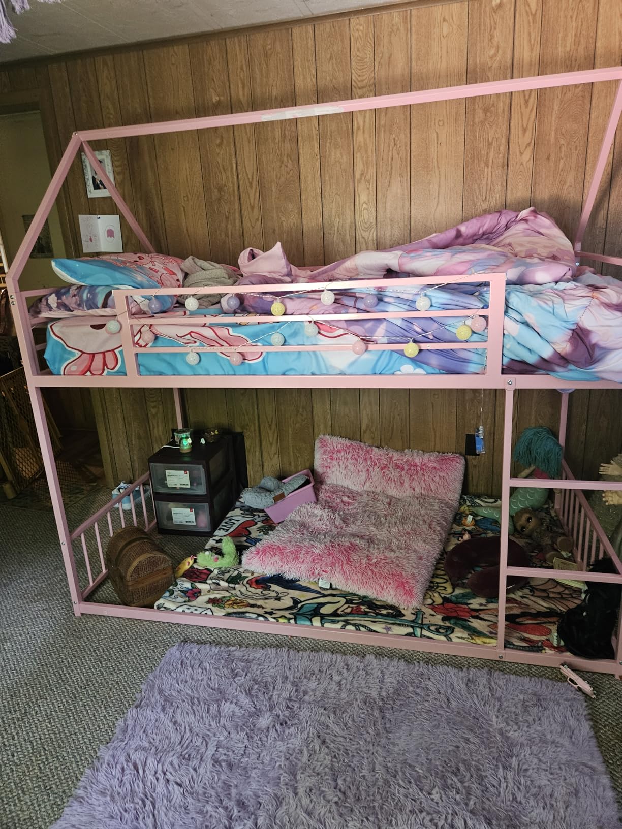 LIKIMIO Bunk Bed Twin Over Twin, House Bunk Bed Frame with Ladder and Guardrail, House Shaped with Metal Slats for Dormitory and Bedroom, Space Saving, No Box Spring Needed, White customer photo 1
