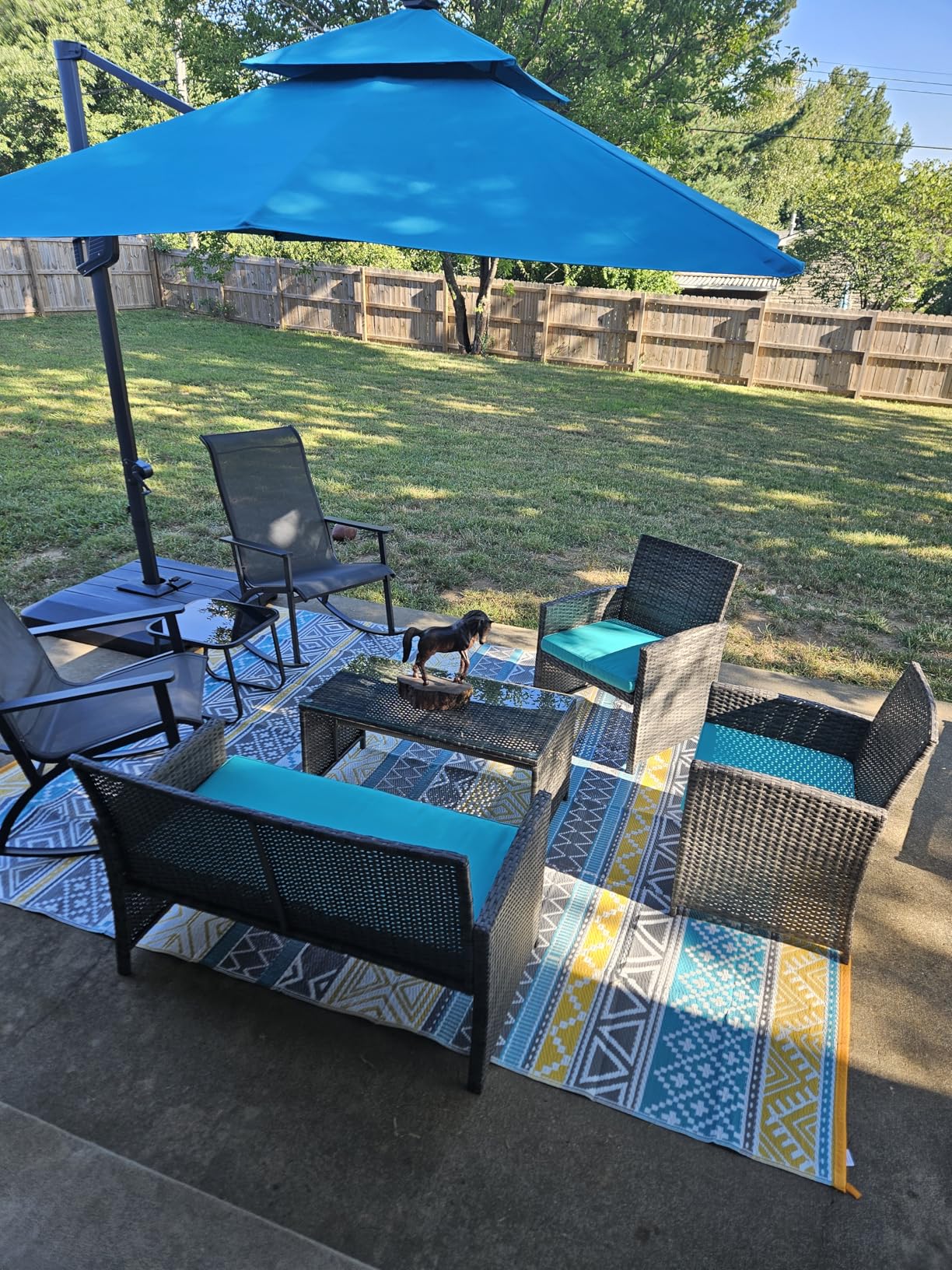 4 Piece Patio Rattan Set Outdoor Furniture Set Wicker Conversation Set with Cushions and Tempered Glass Tabletop, Deep Blue customer photo 2