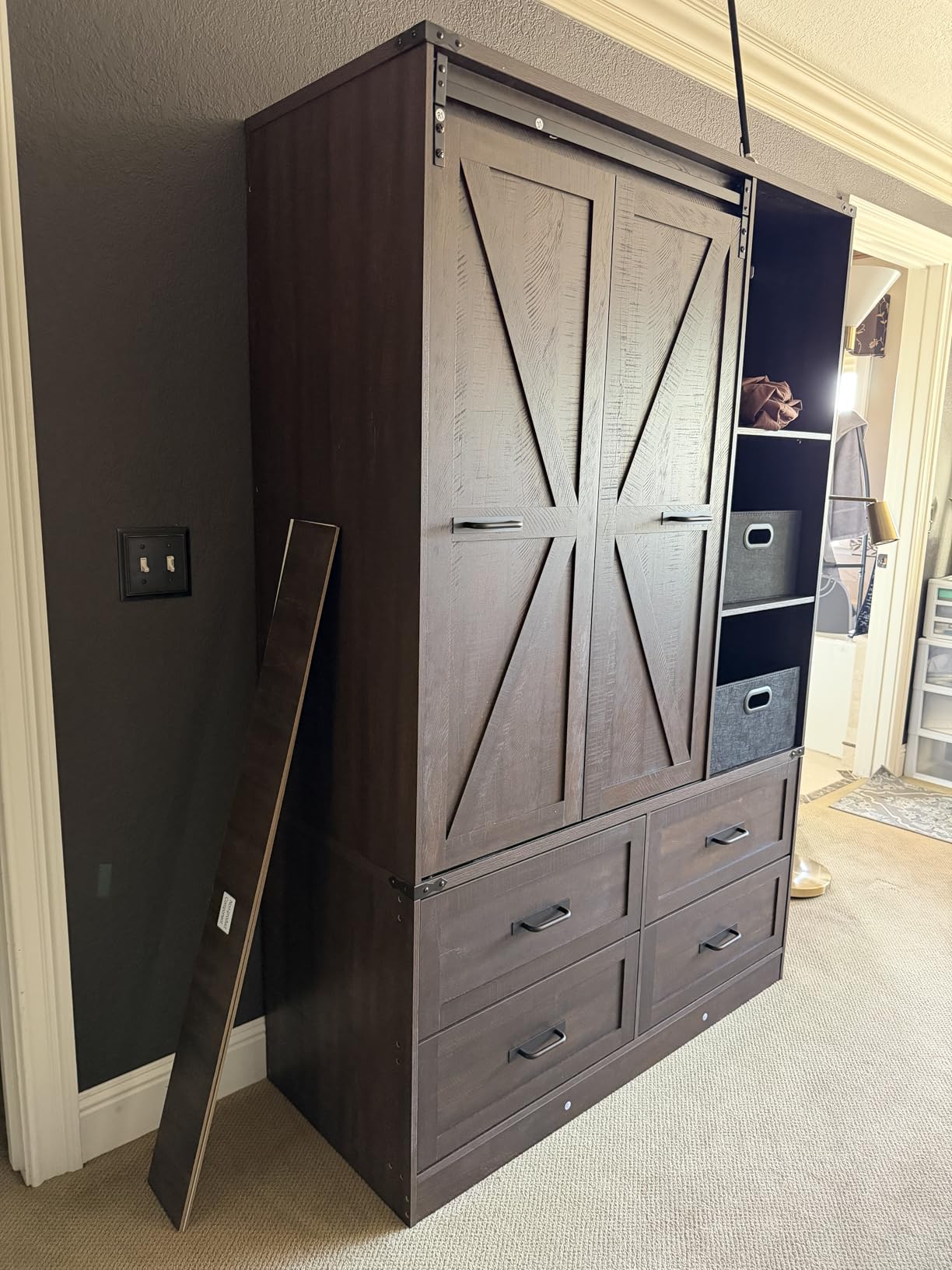 Farmhouse 3 Doors Armoire Wardrobe Closet w/Folding Sliding Barn Door and Lights, LED Armoire Closet w/Drawers for Bedroom, Freestanding Wooden Wardrobe Storage Closets w/Hanging Rod, Rustic Brown customer photo 1