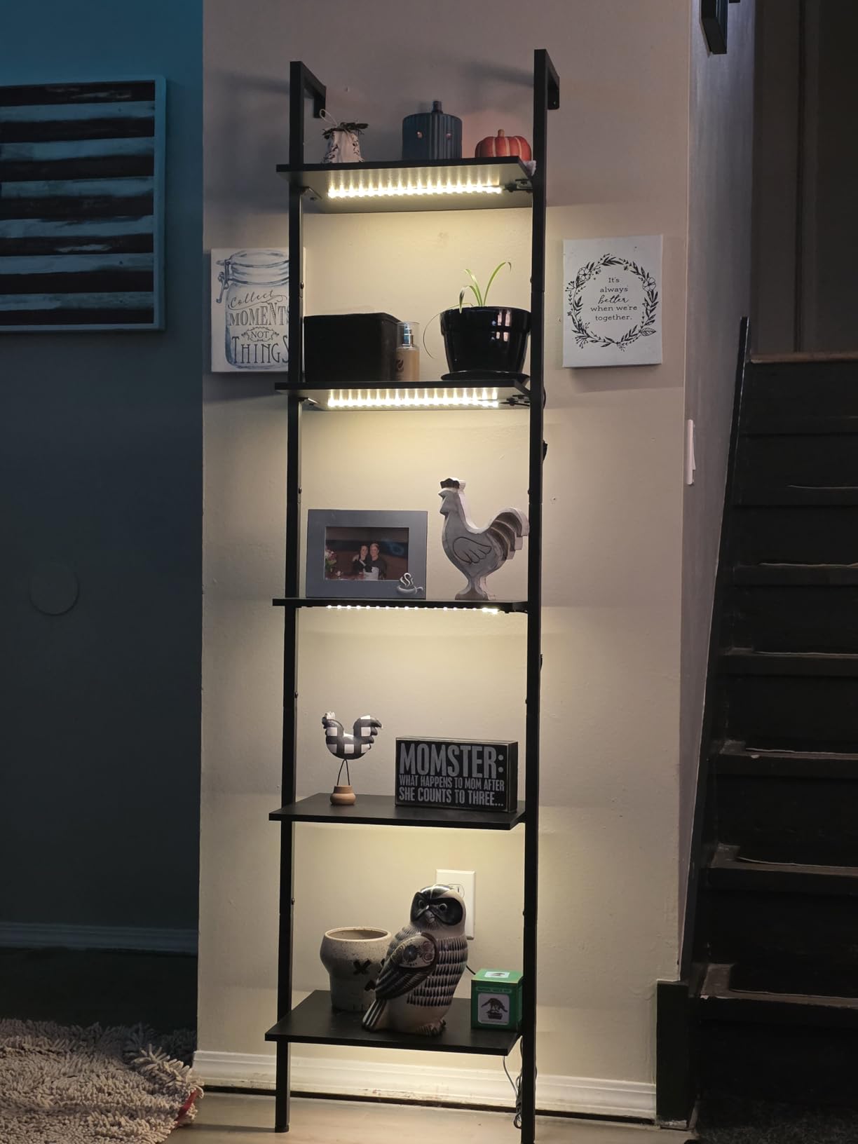 Tajsoon 5-Tier Ladder Shelf with LED Light, Wall Mounted Ladder Bookshelf with Metal Frame, Wall Ladder Bookshelf for Living Room, Bedroom, Office, Rustic Brown customer photo 1