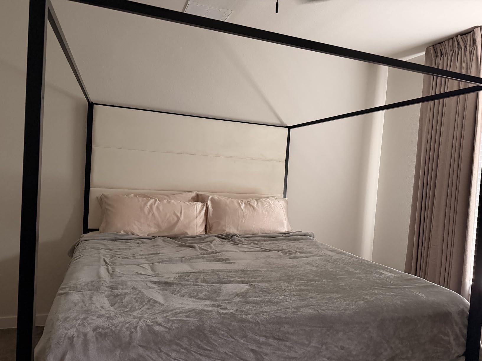 LUMISOL Queen Size Metal Canopy Bed, 4-Poster Platform Bed with Tall Linen Upholstered Headboard for Bedroom, Luxurious Gold Metal Canopy Frame Queen Size, Box Spring Needed, Gold & Tan customer photo 1