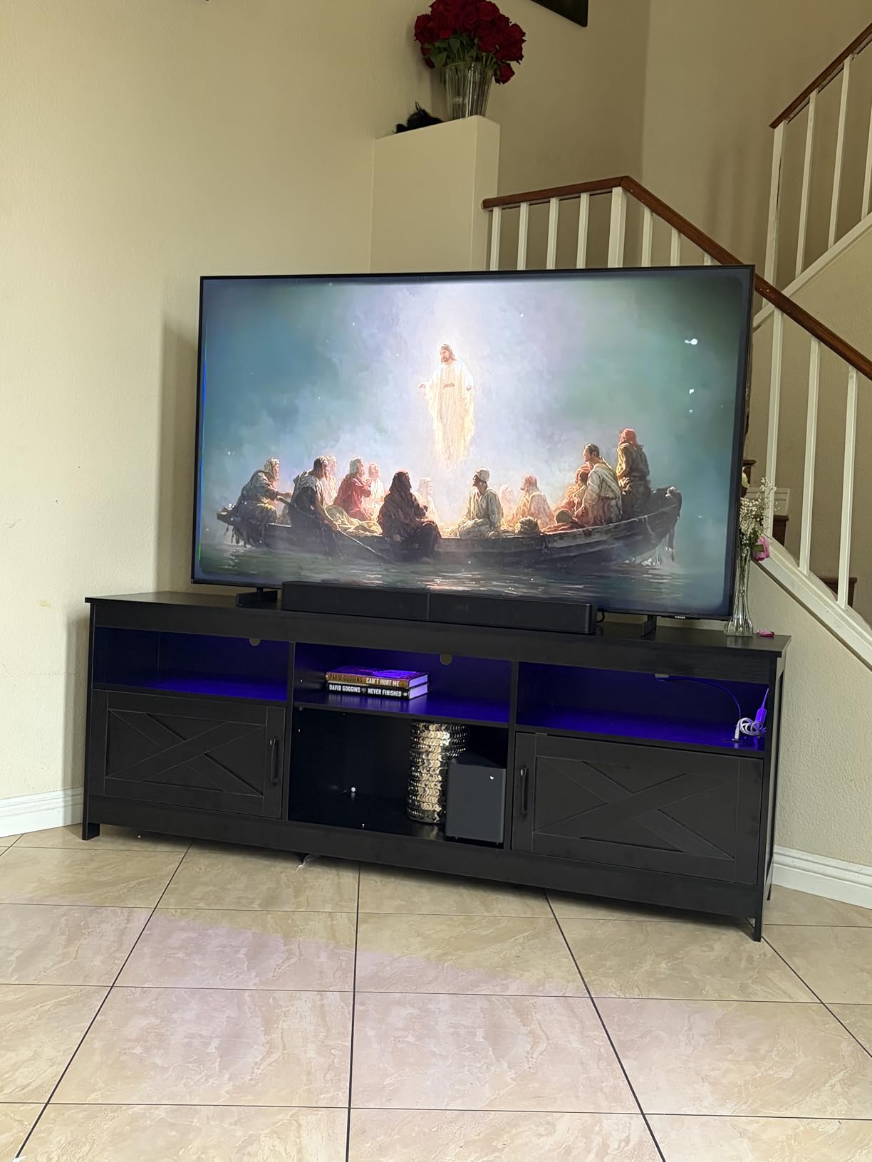 YITAHOME TV Stand for 80/75/70 Inch TVs, Farmhouse Entertainment Center with LED Lights & Storage Cabinets, Open Shelves & Adjustable Shelf, TV Consoles for Living Room, Washed Gray customer photo 1