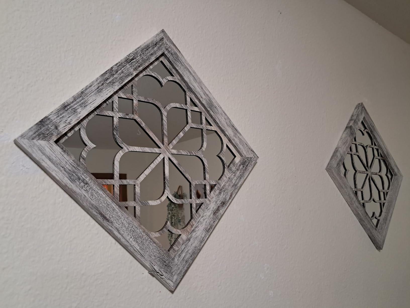 Boho Wall Mirror Decor, Set of 2 Rustic Farmhouse Accent Mirrors 12x12 Inch, Square Acrylic Shatterproof Vintage Style Mirror for Wall, Small Decorative Mirrors for Living Room, Bedroom, Grey customer photo 2