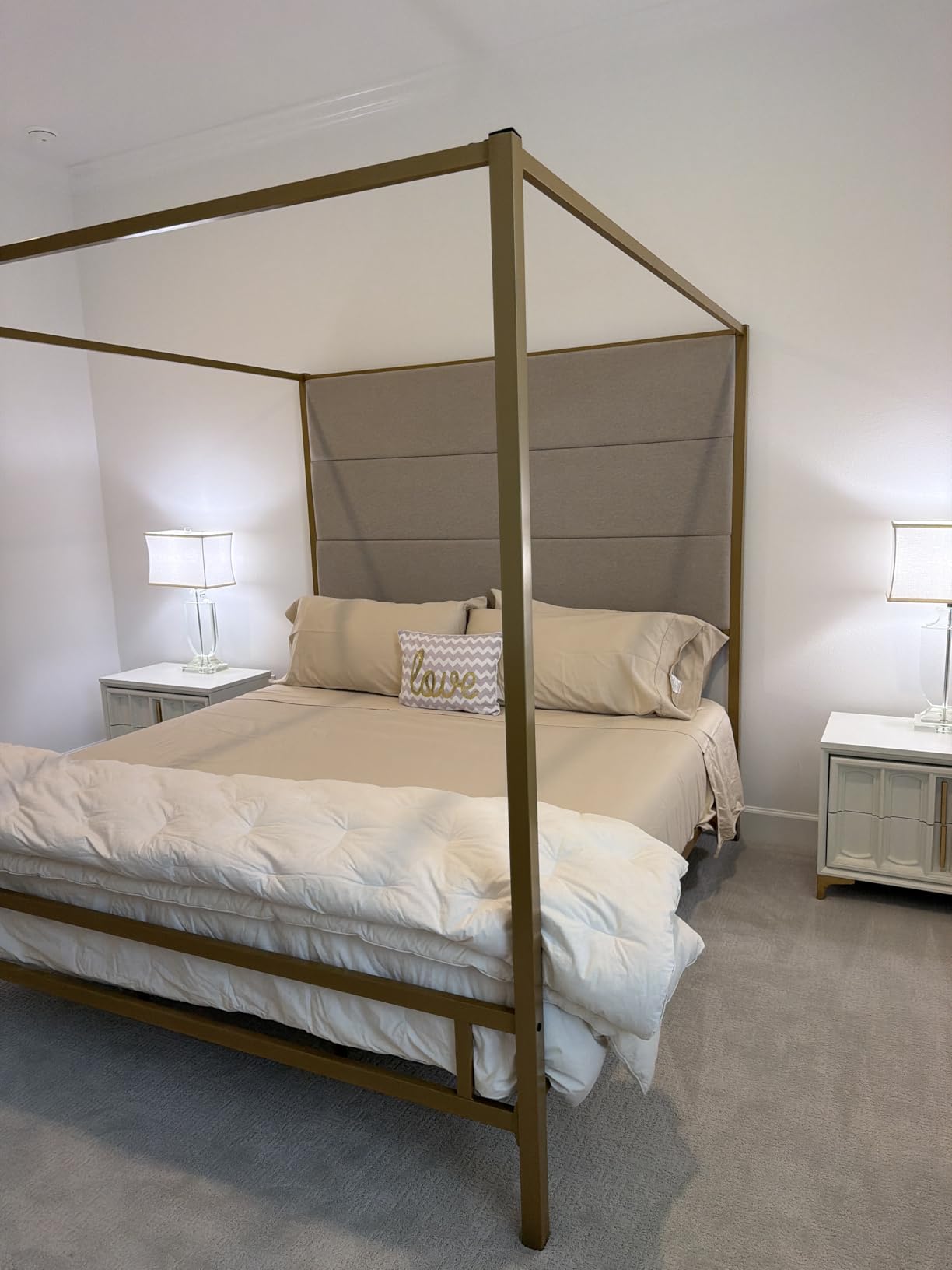Merax Queen Size Gold Metal Canopy Bed Frame, Modern Upholstered Linen Headboard with Tall Back Support, 800 lbs Weight Capacity, Luxurious 4-Poster Bedroom Furniture for Modern Home, Gold+Tan customer photo 1