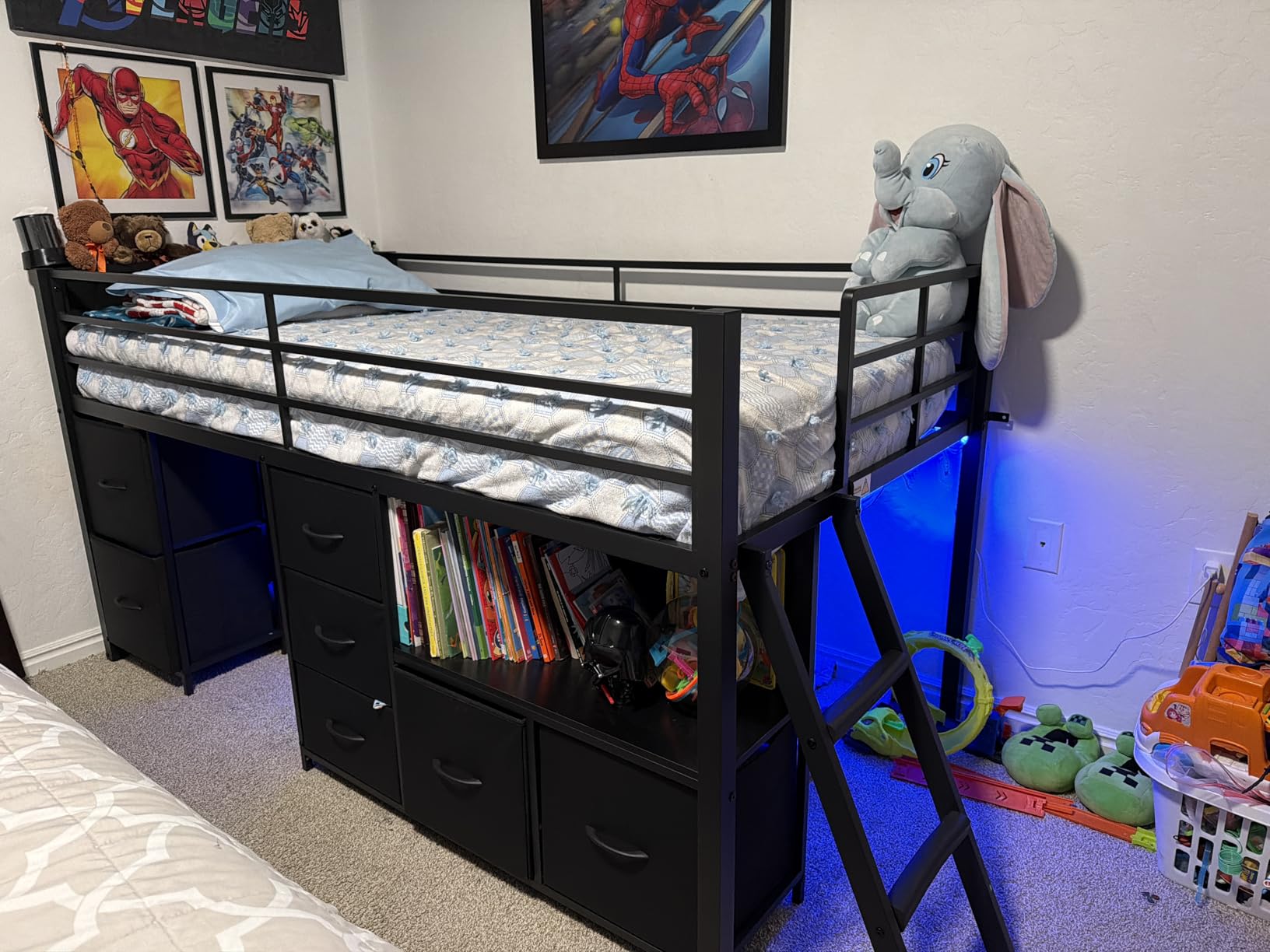 ADORNEVE Low Loft Bed Twin Size with 7 Storage Drawers, Bookcase and LED Lights, Metal Kids Loft Bed with 14