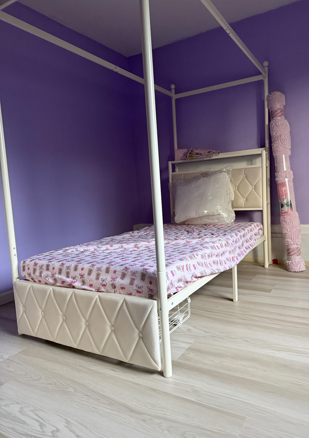 HIFIT Queen Size Upholstered LED Canopy Bed Frame with Storage and Charging Station, Button Tufted Storage Headboard with Bookshelf, Two-Use Metal Platform Bed with 4 Removable Post & 2 Drawers, Biege customer photo 2