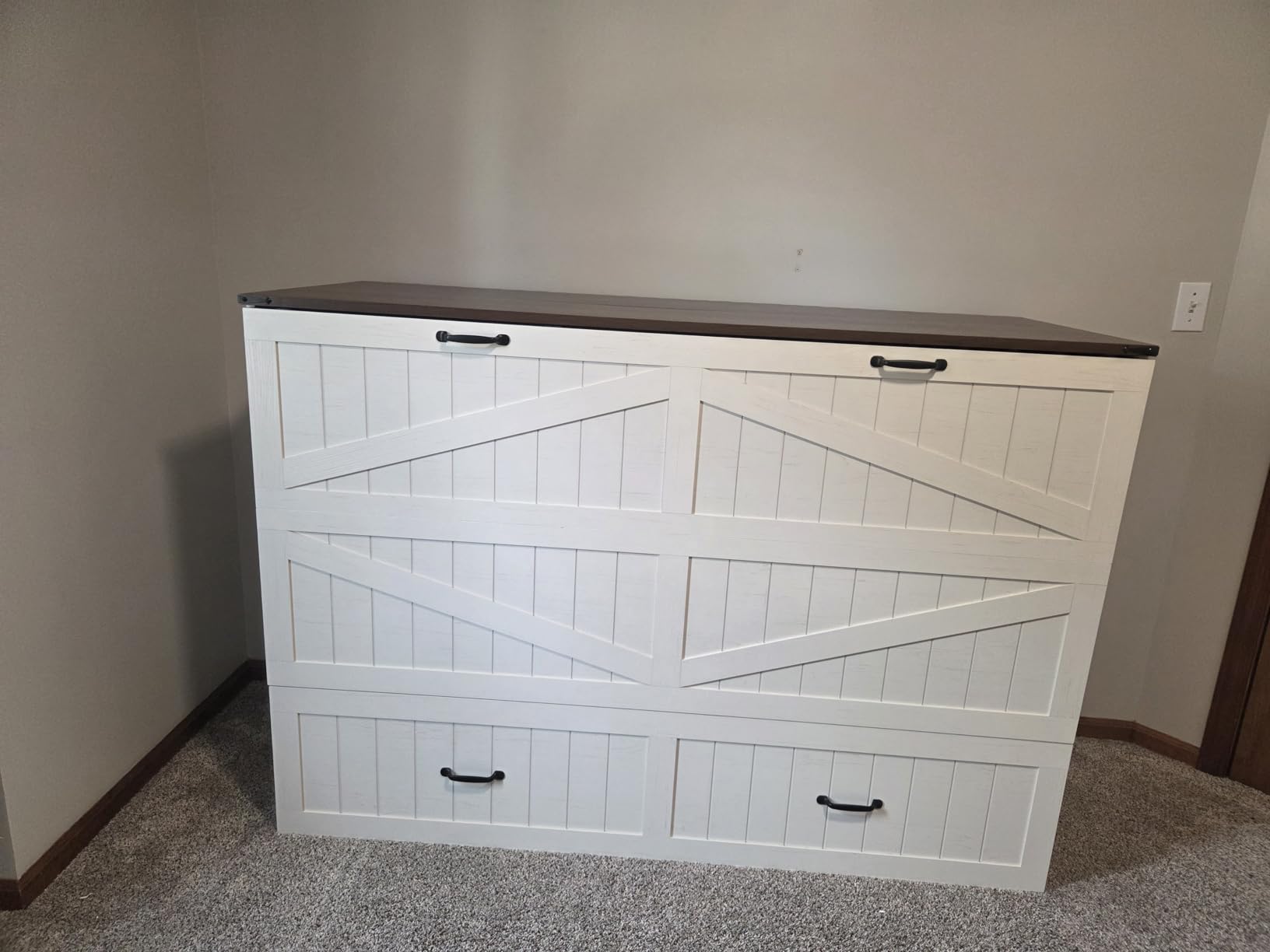 Queen Murphy Bed with Storage & Charging Station, Farmhouse Murphy Cabinet Bed with Large Drawer, Hideaway Foldable Platform Bed for Guest Room, Bedroom, Home Office, Mattress Not Included, White customer photo 1