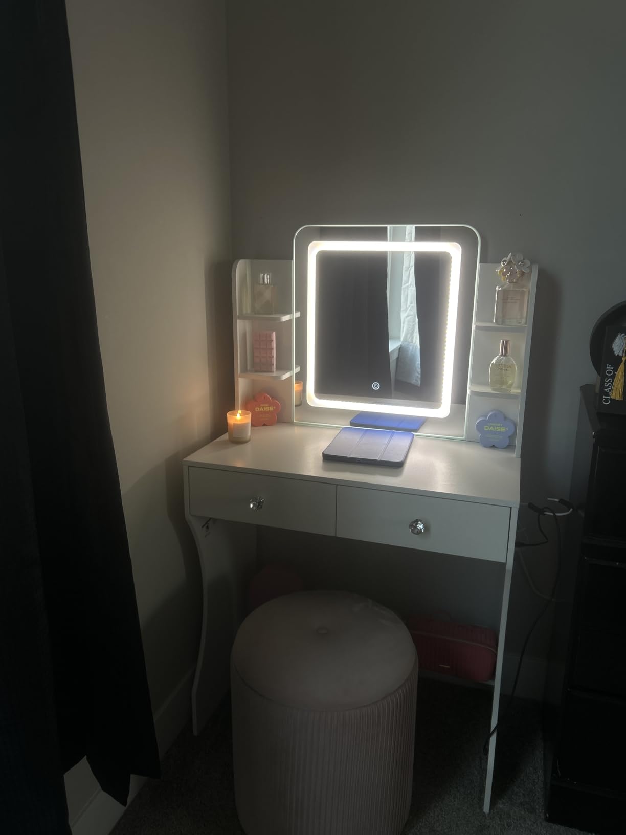 LIVELYGLOW Small Makeup Vanity Desk with Smart LED Mirror & Power Outlet, 29.5