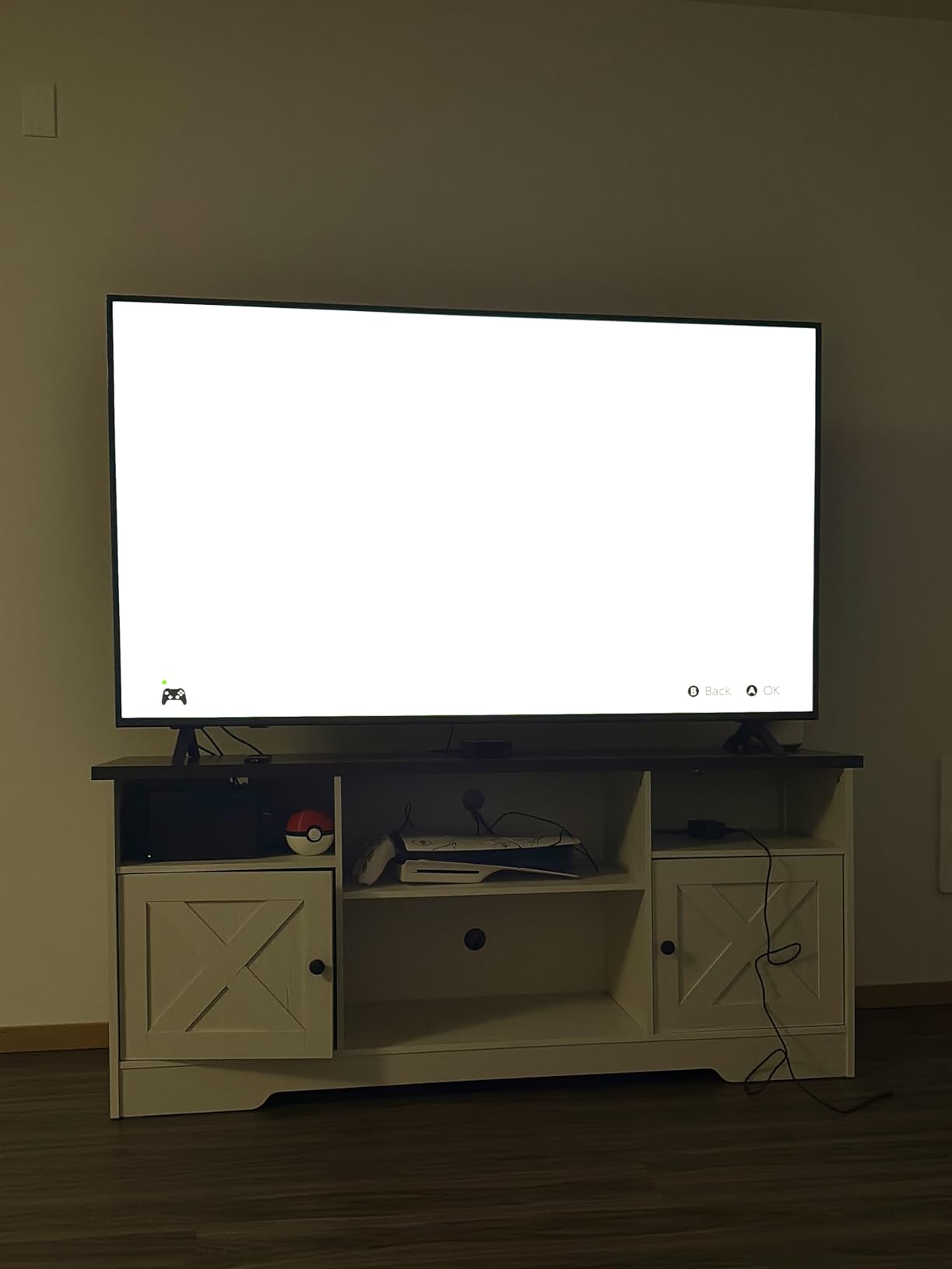 Casaottima TV Stand for 65 Inch TV, Farmhouse Entertainment Center with Power Outlet & LED Light and Storage Cabinets, Console Table and Media Furniture for Living Room Bedroom, White customer photo 1