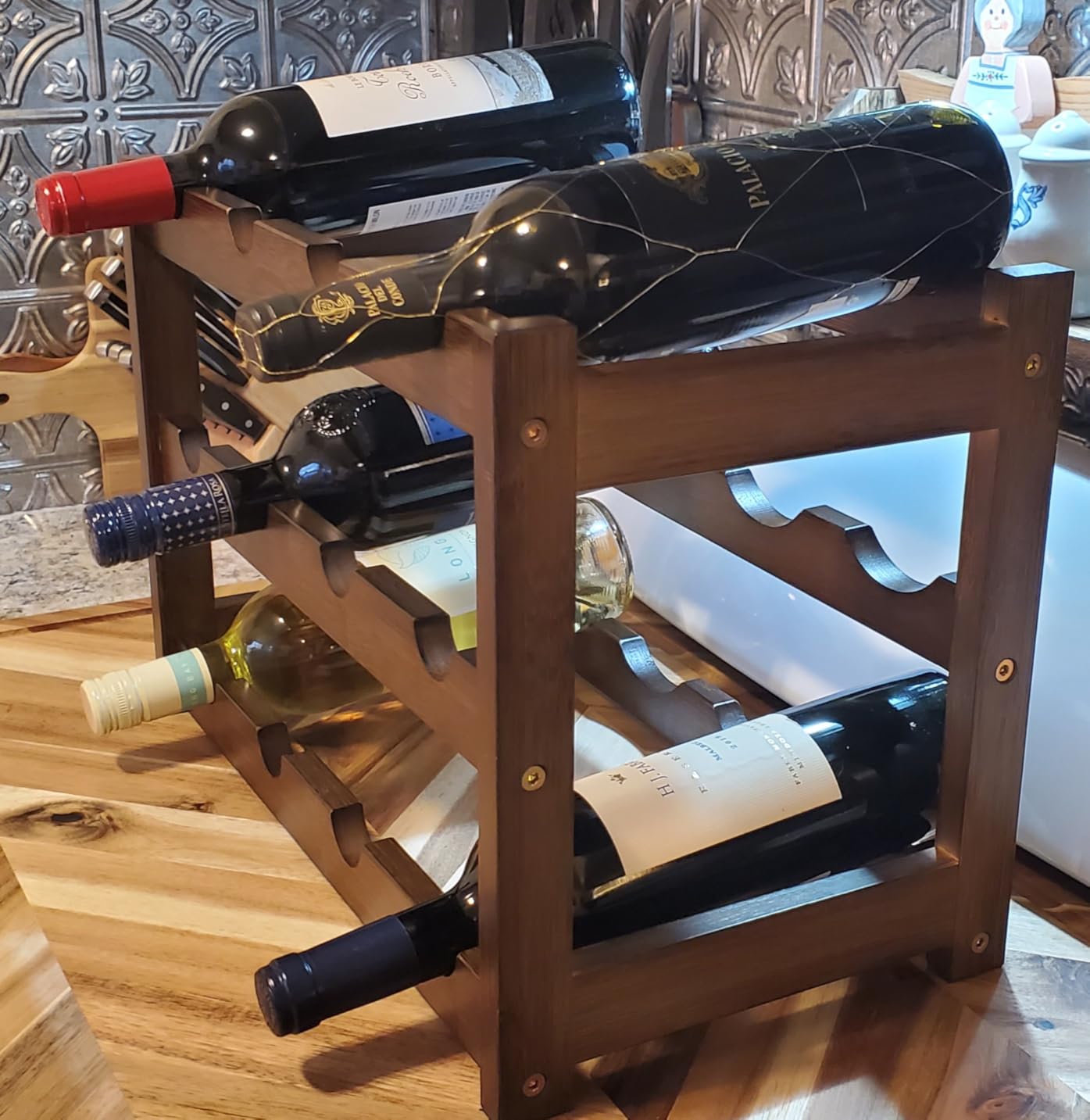 Wine Rack Free Standing Floor, 6-Tier 24 Bottles Display Wine Storage Shelves with Table Top, Easy-Assembly Freestanding Bamboo Wine Racks for Kitchen Dining Room Bar, Walnut customer photo 1