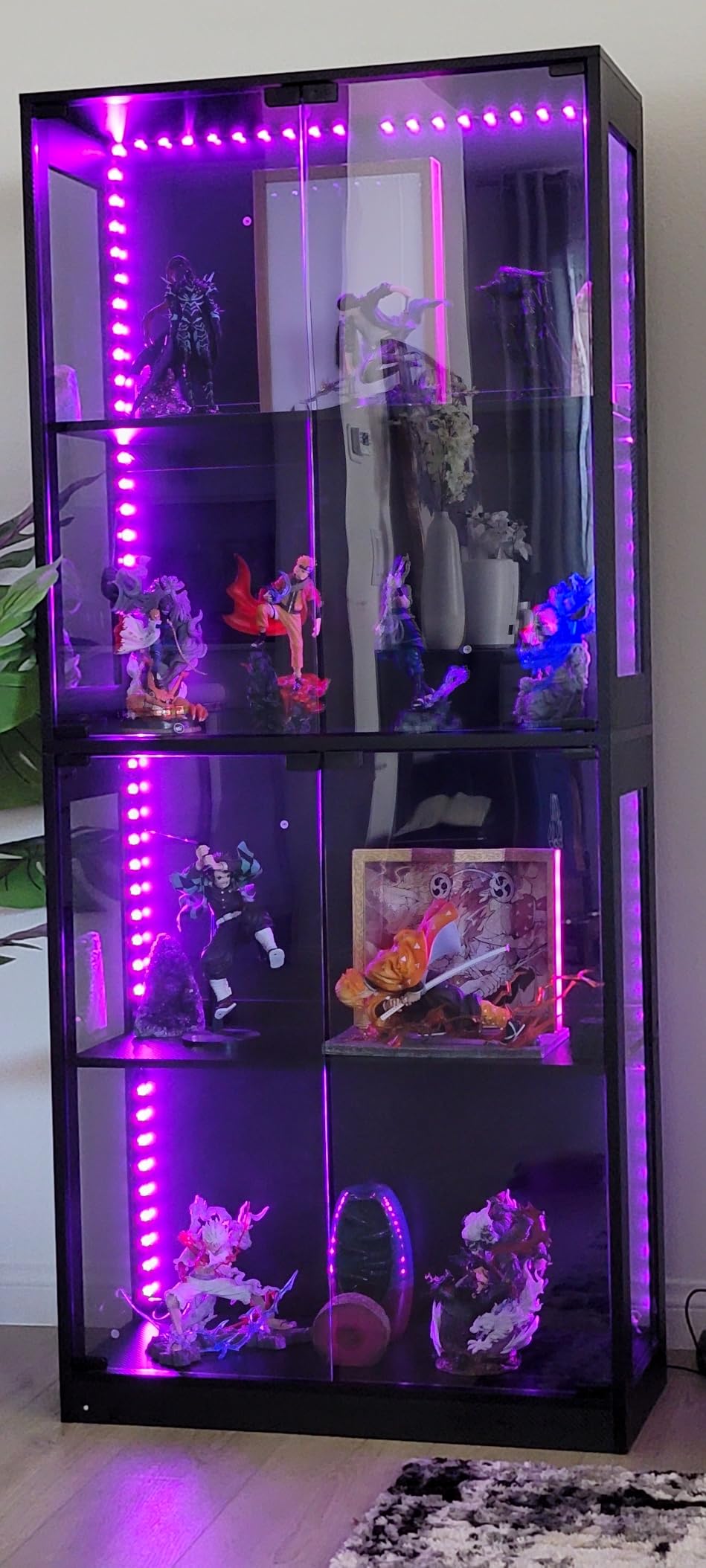 AODK Display Case with LED Lights, Display Cabinet with Glass Storage Shelves and Industrial Metal Mesh, 4-Tier Display Shelf for Collectibles, Curio Cabinet with Open Shelf, Black Book Shelf customer photo 1