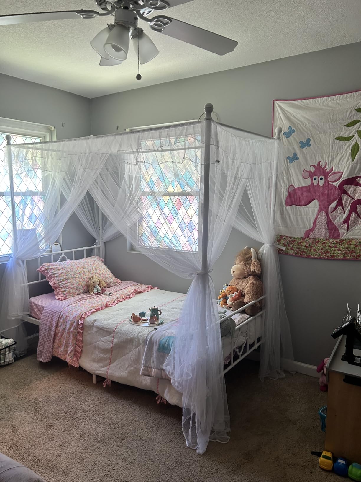 Homkdom Canopy Bed Frame with Storage Headboard, Twin Size Bed Frame with 4 Removable Posts, Sturdy Metal Platform with Under-Bed Storage, Dual Purpose Bed Frame, No Box Spring Needed, White customer photo 2