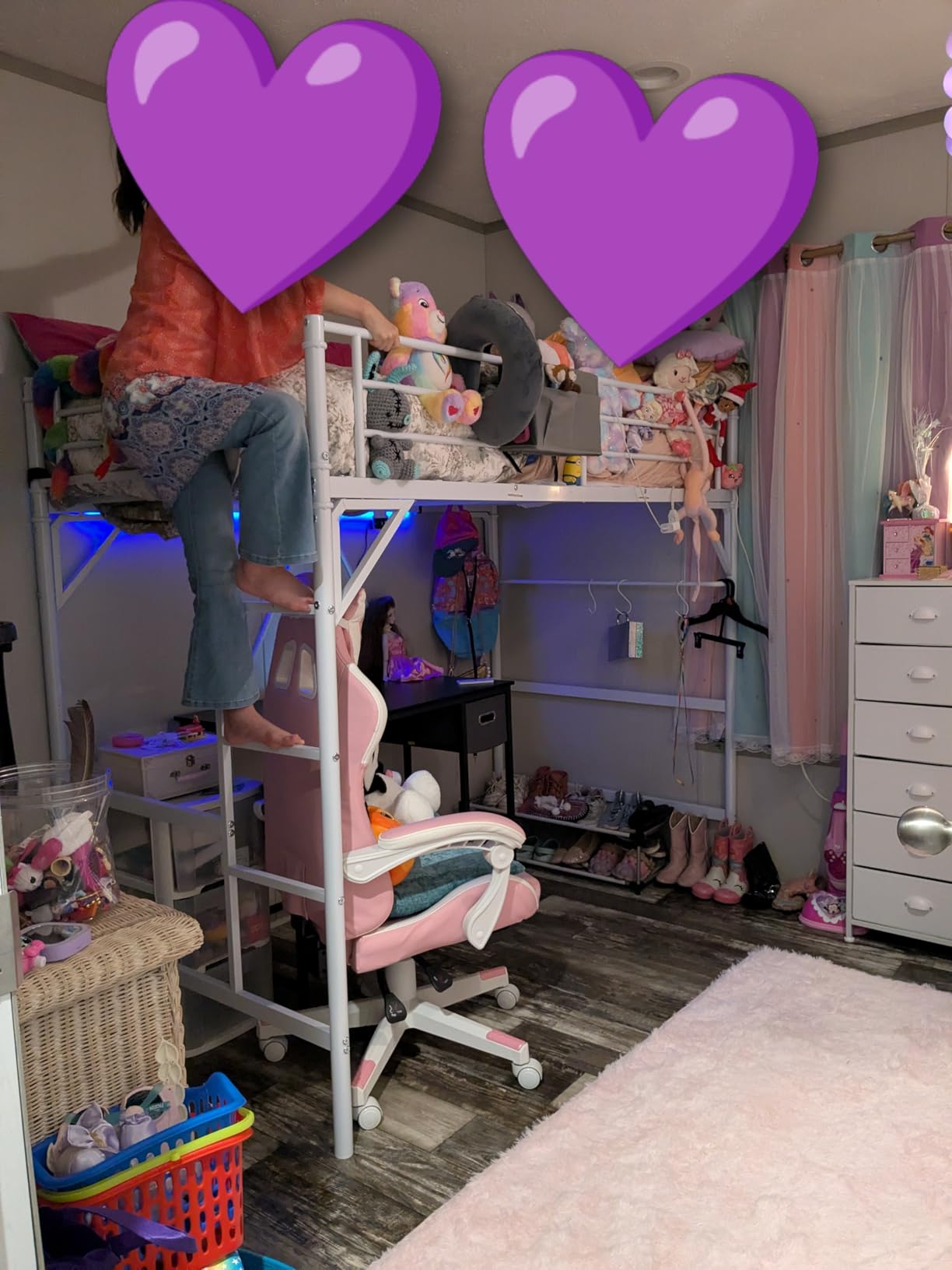Twin Size Loft Bed with LED Lights and Charging Station, Industrial Heavy Duty Metal Loft Bed Frame with Ladder and Guardrail for Kids Adults, Small Space Saving Design for Bedroom Dorm, Vintage Brown customer photo 1