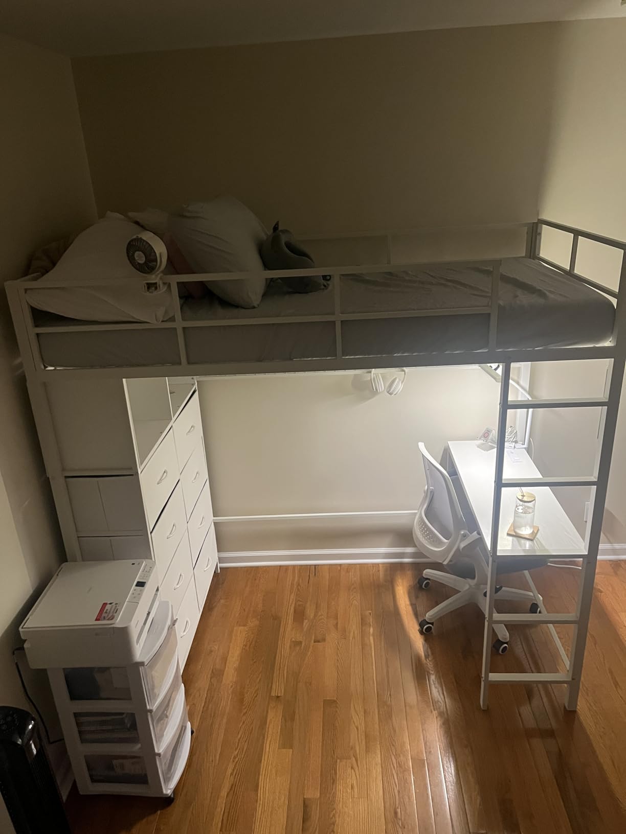 ADORNEVE Loft Bed Full Size with Desk and 8 Storage Drawers, LED Metal Loft Bed with Power Outlet, 2 Shelves & Clothing Rack, Bed with Safety Guardrail & Ladder, Space-Saving, White customer photo 1